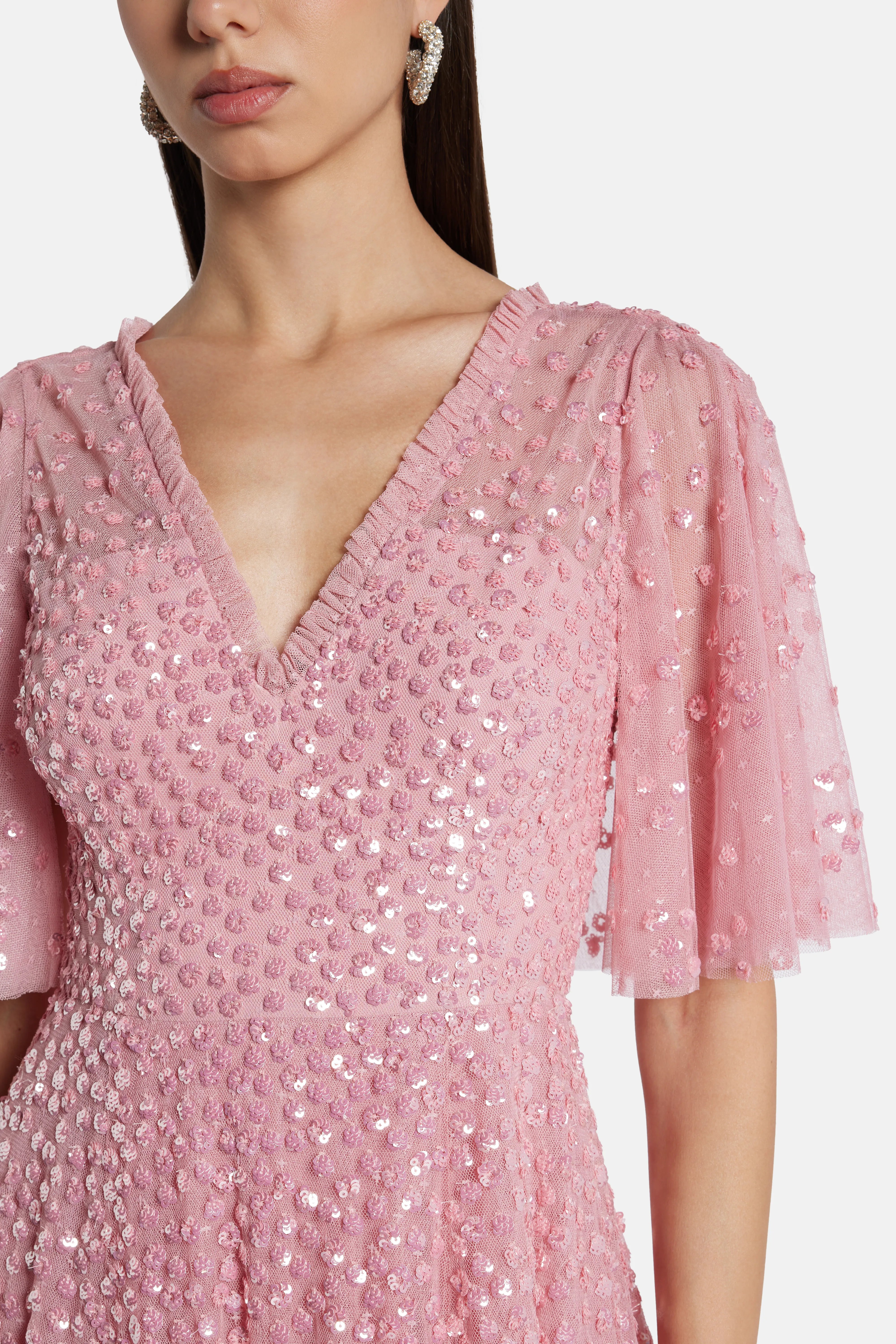 Leila Dot V Neck Sequin Midi Dress in Pink