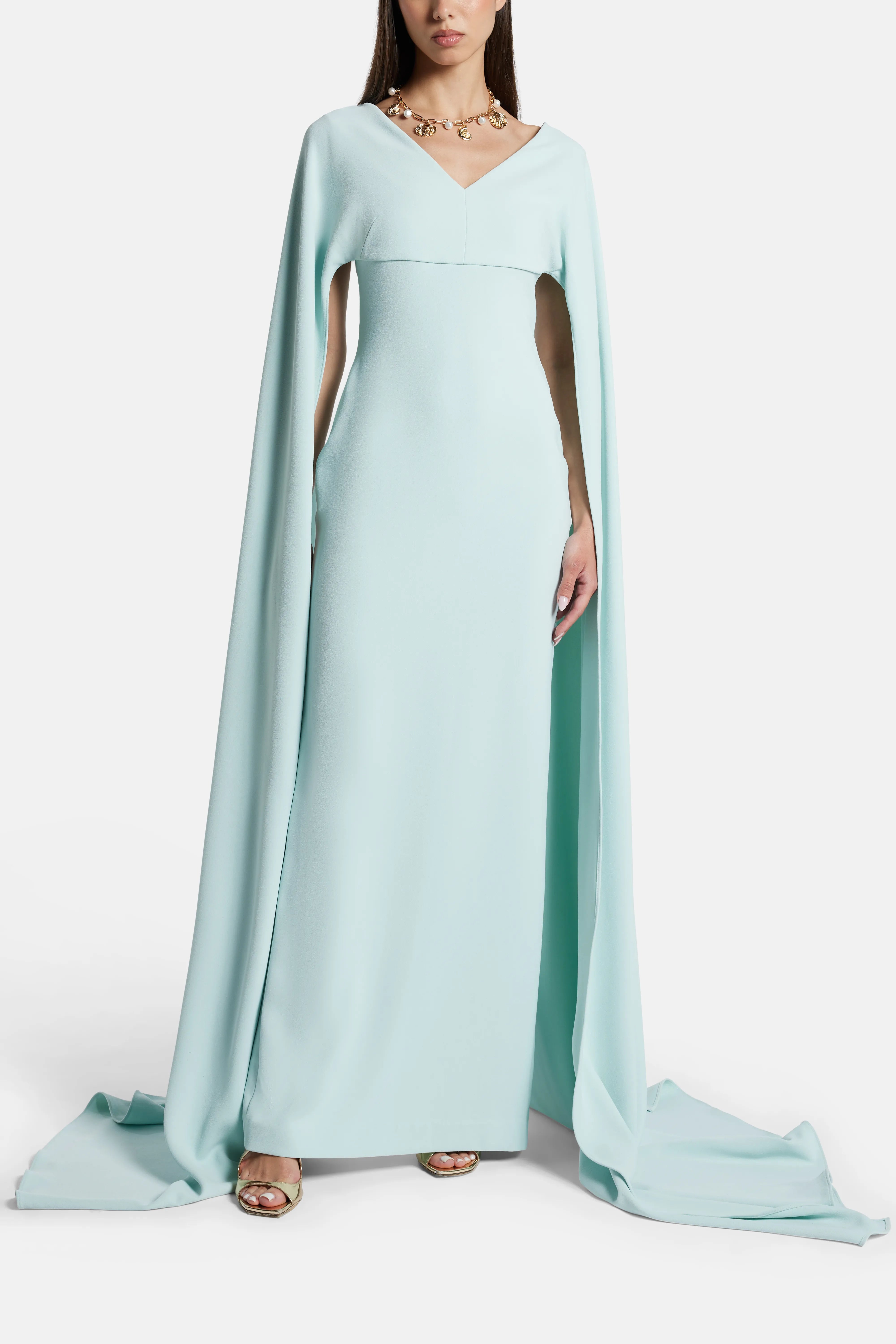 Morgan V Neck Cape Evening Dress in Blue