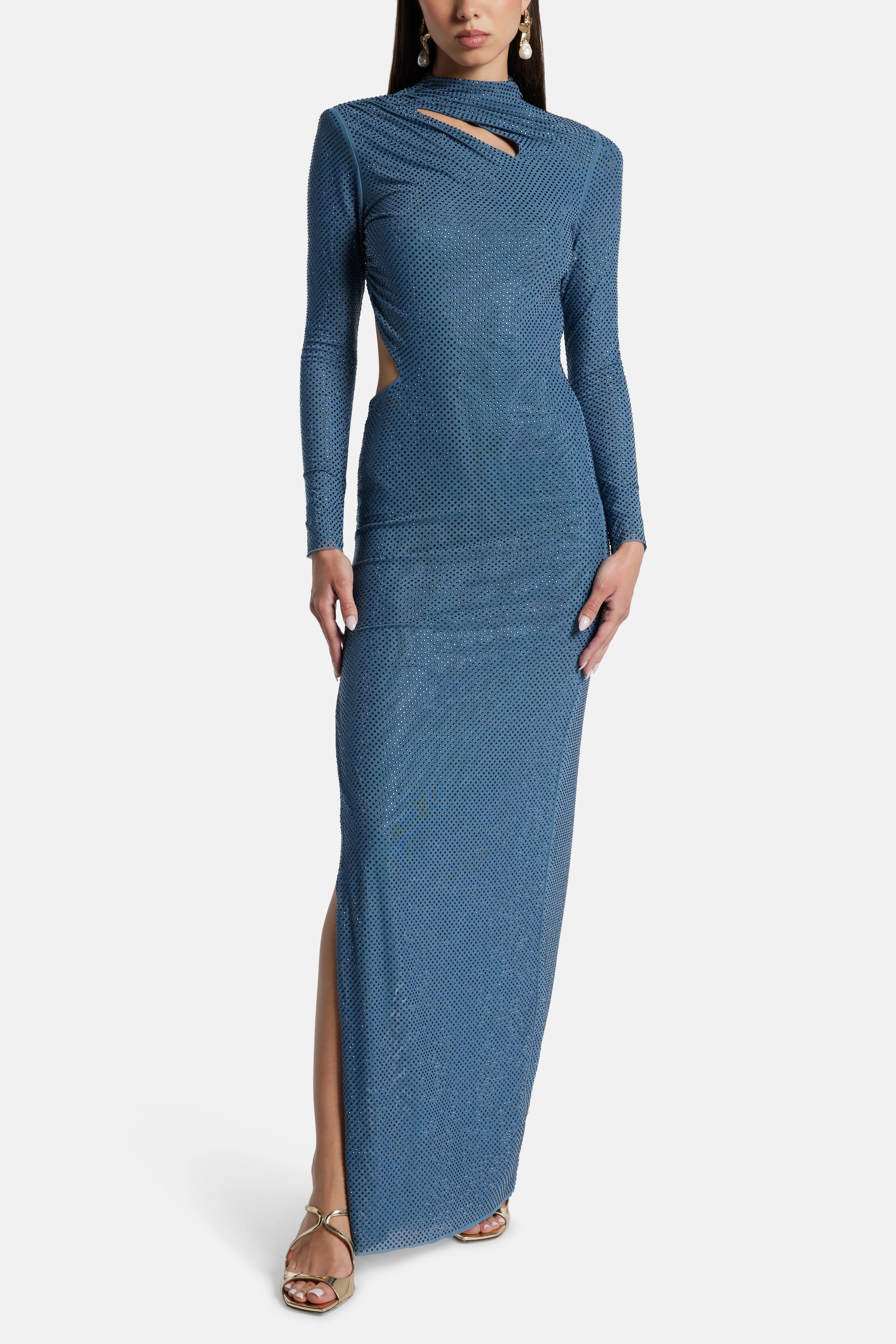 Rhinestone Neck Cut Out Evening Dress in Blue