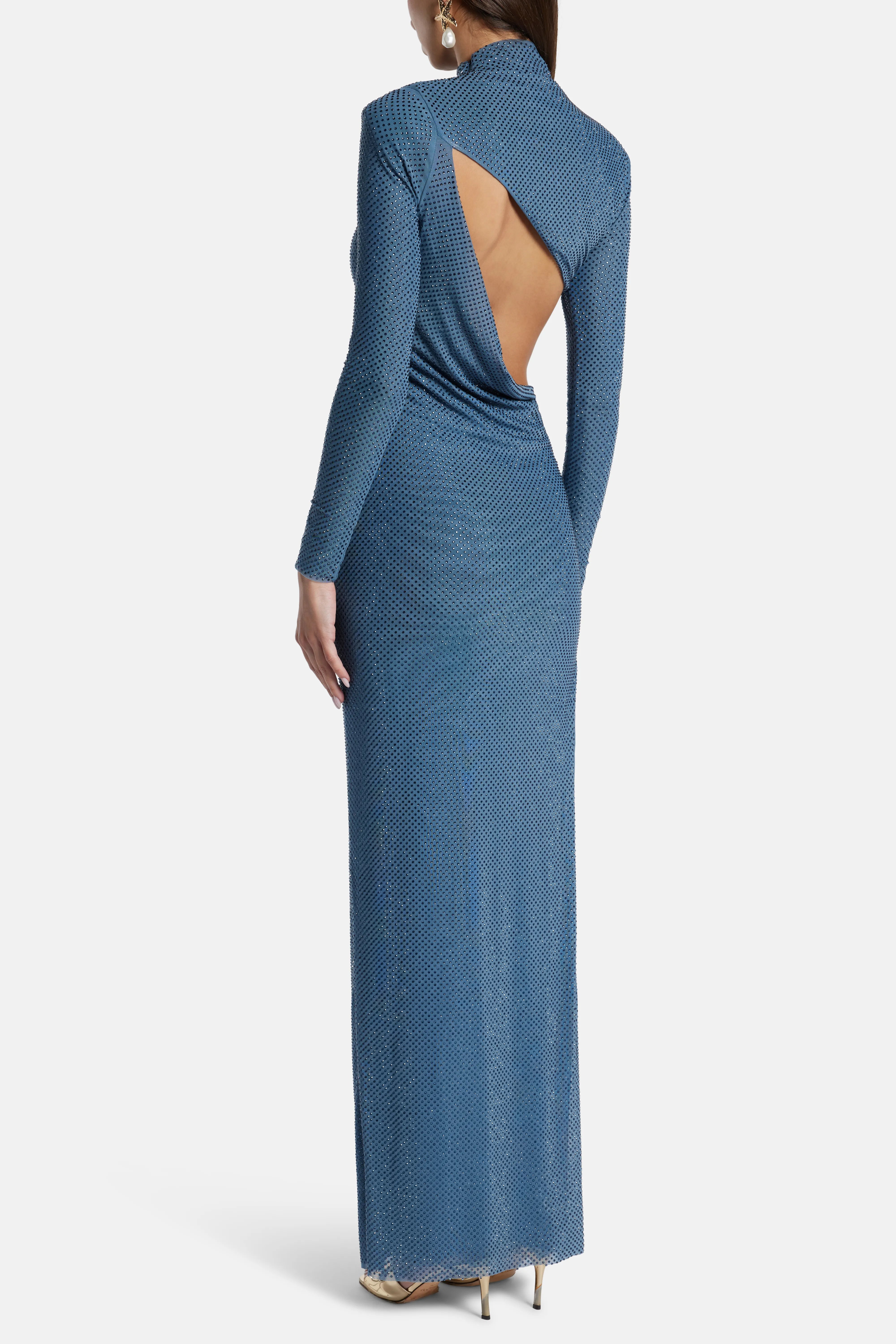Rhinestone Neck Cut Out Evening Dress in Blue