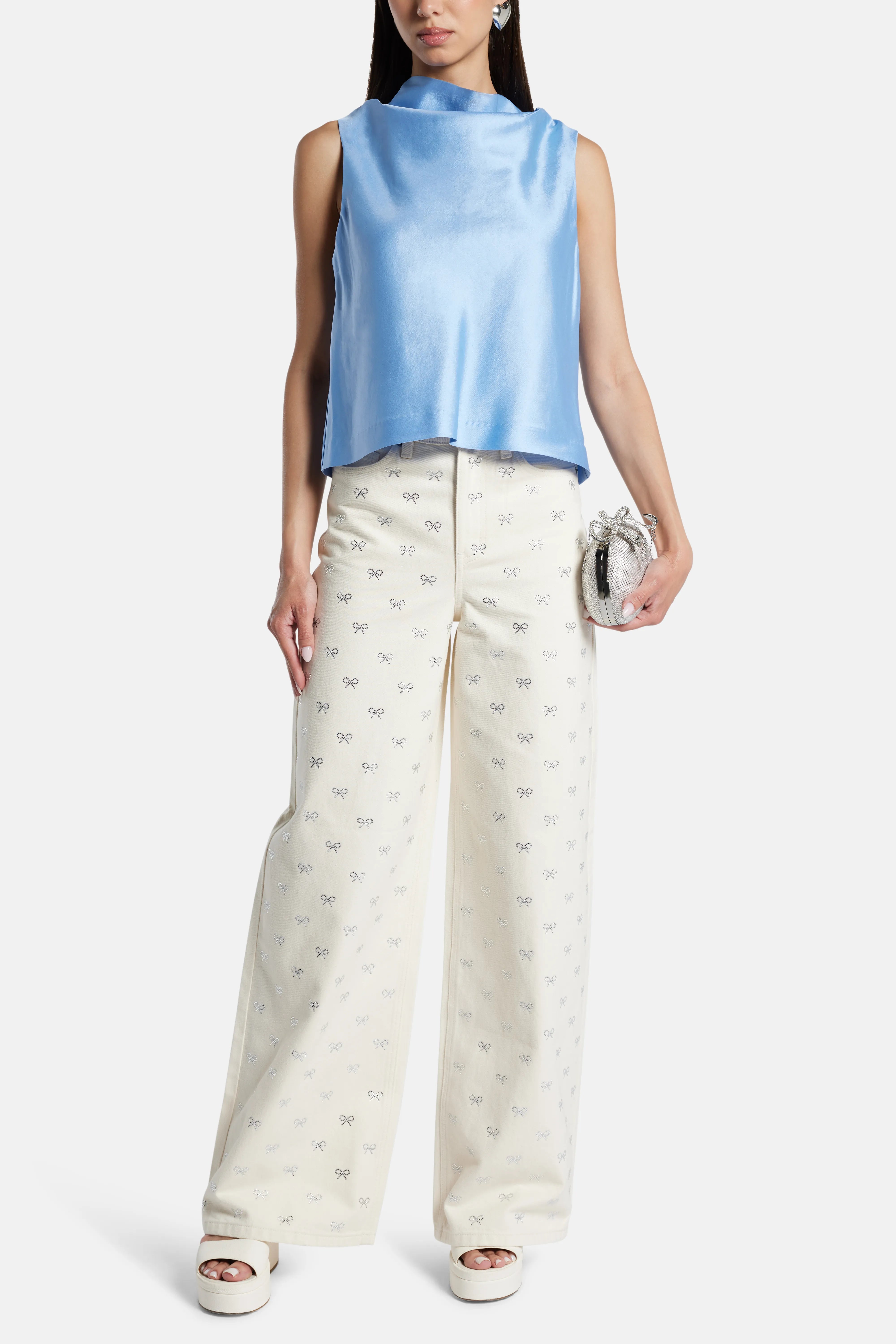 Diamante Bow Denim Flared Jeans in Cream