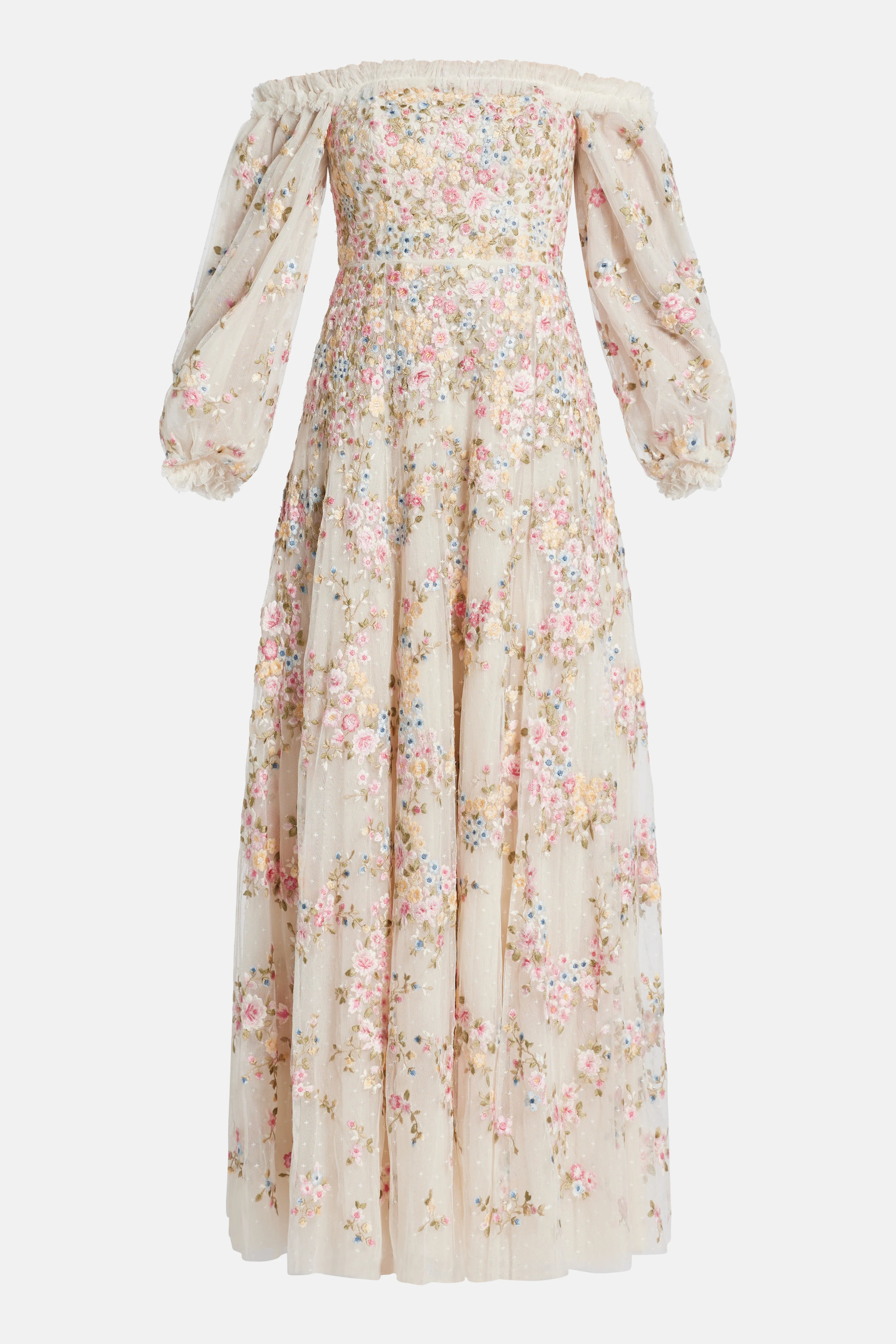 Lunaria Wreath Off Shoulder Floral Midi Dress in Cream