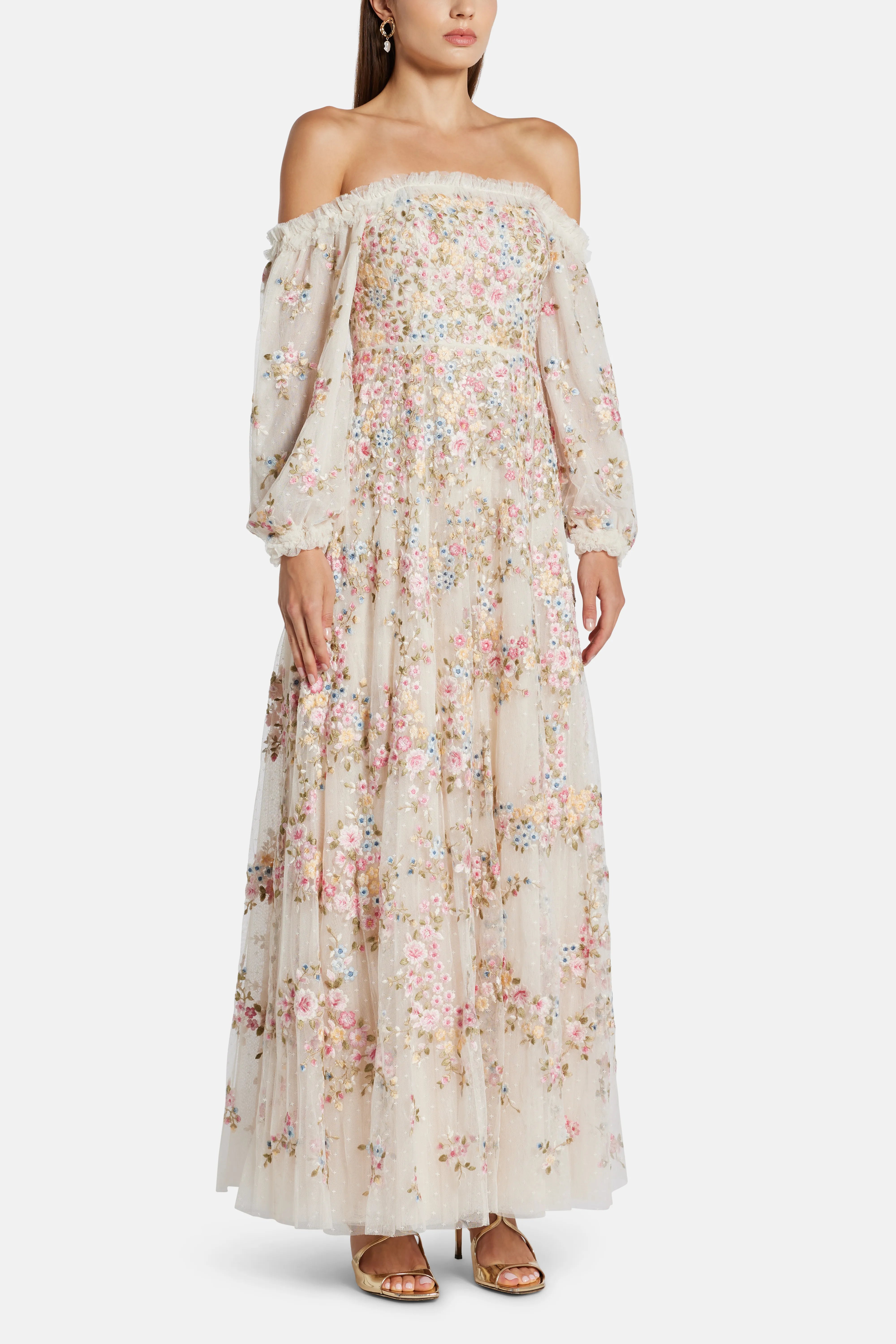 Lunaria Wreath Off Shoulder Floral Midi Dress in Cream