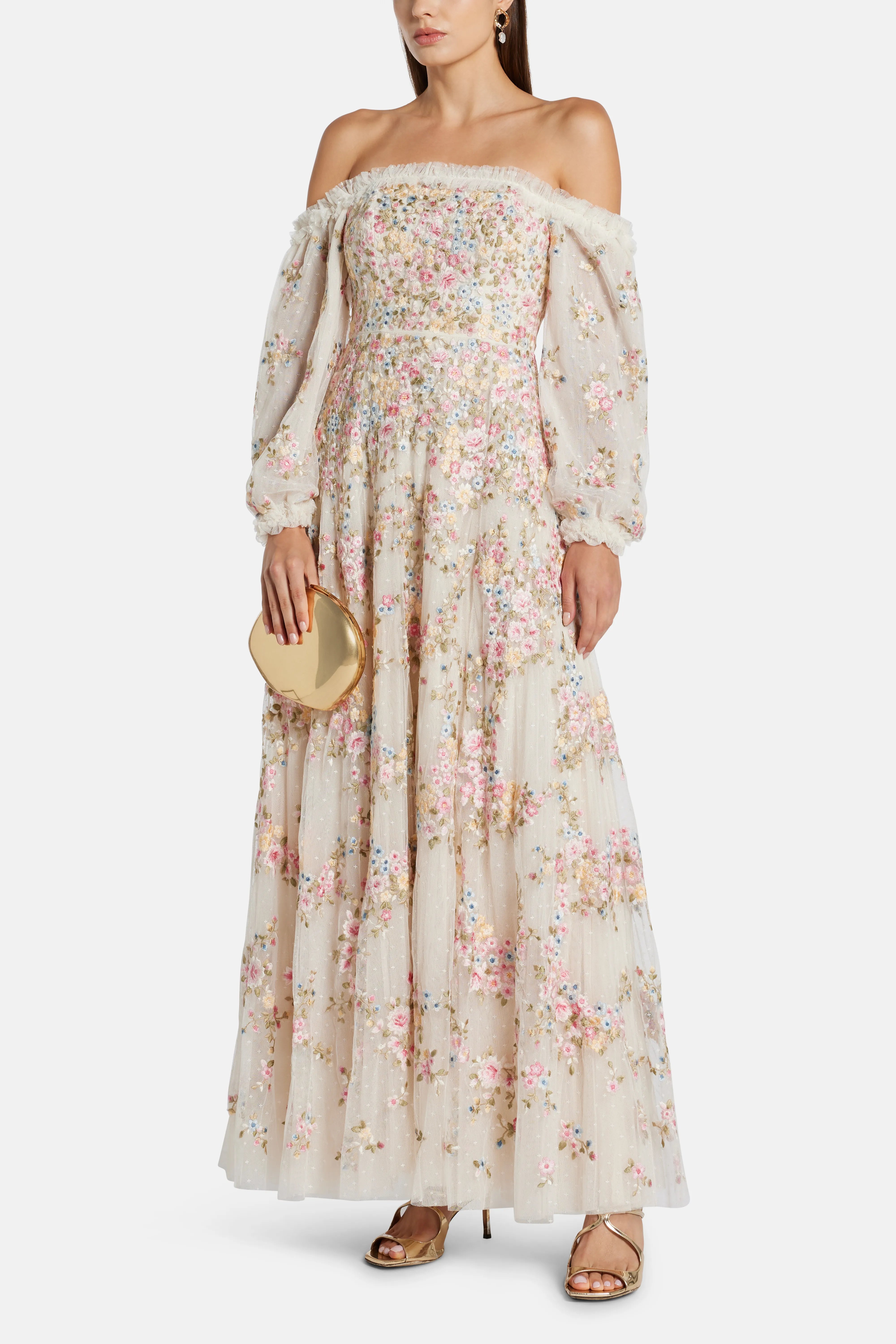Lunaria Wreath Off Shoulder Floral Midi Dress in Cream