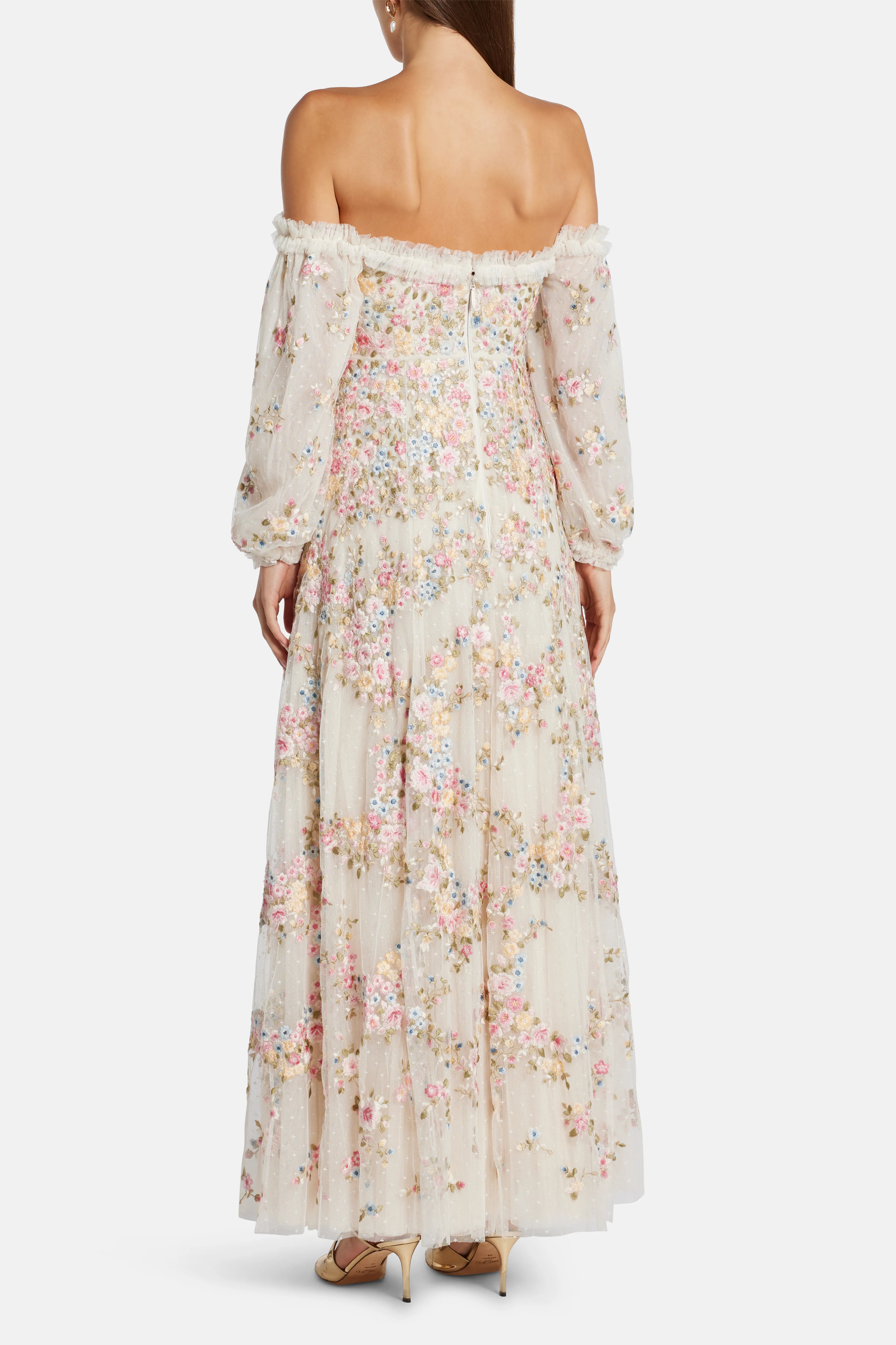 Lunaria Wreath Off Shoulder Floral Midi Dress in Cream