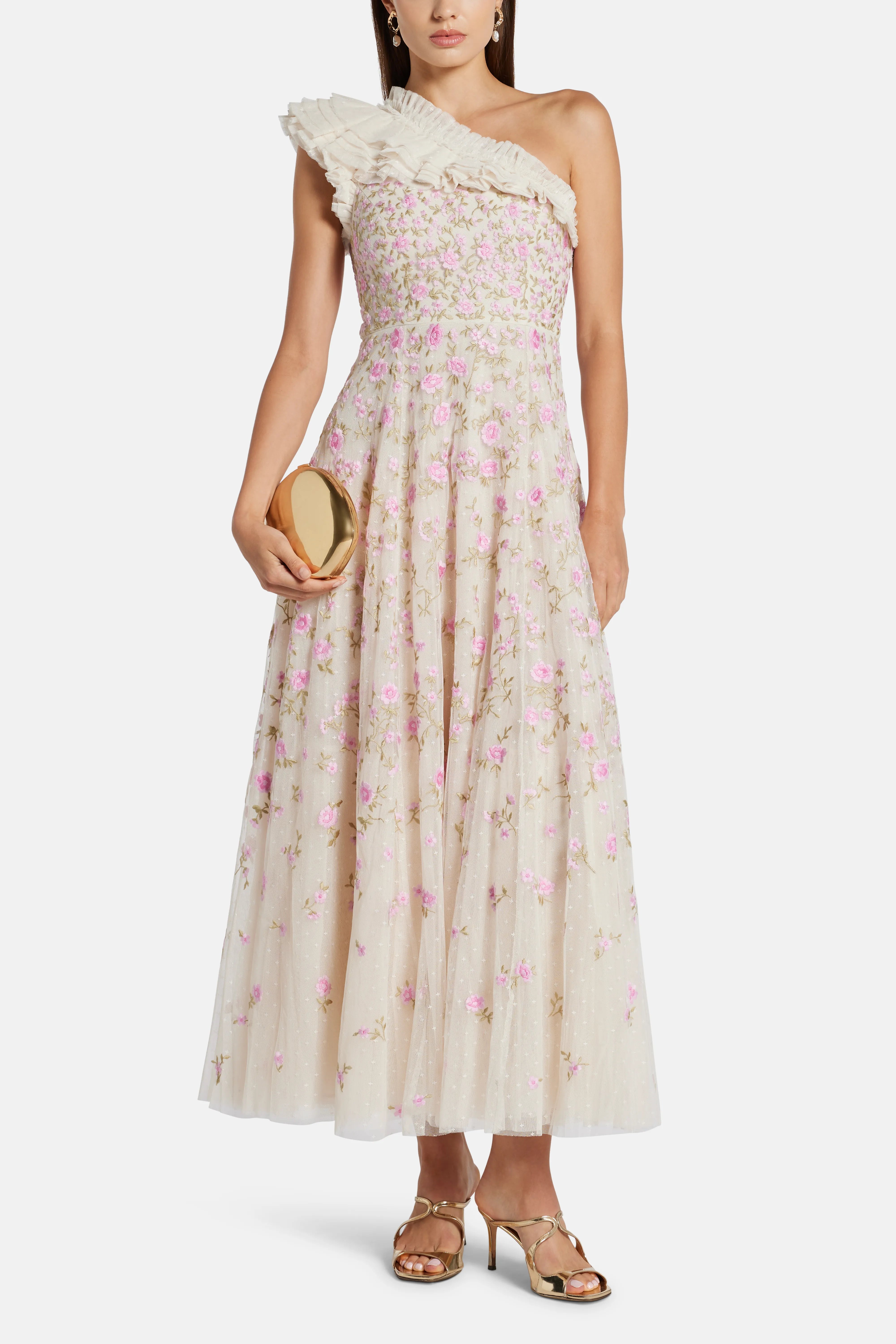 Lea Ditsy One Shoulder Floral Midi Dress in Pink