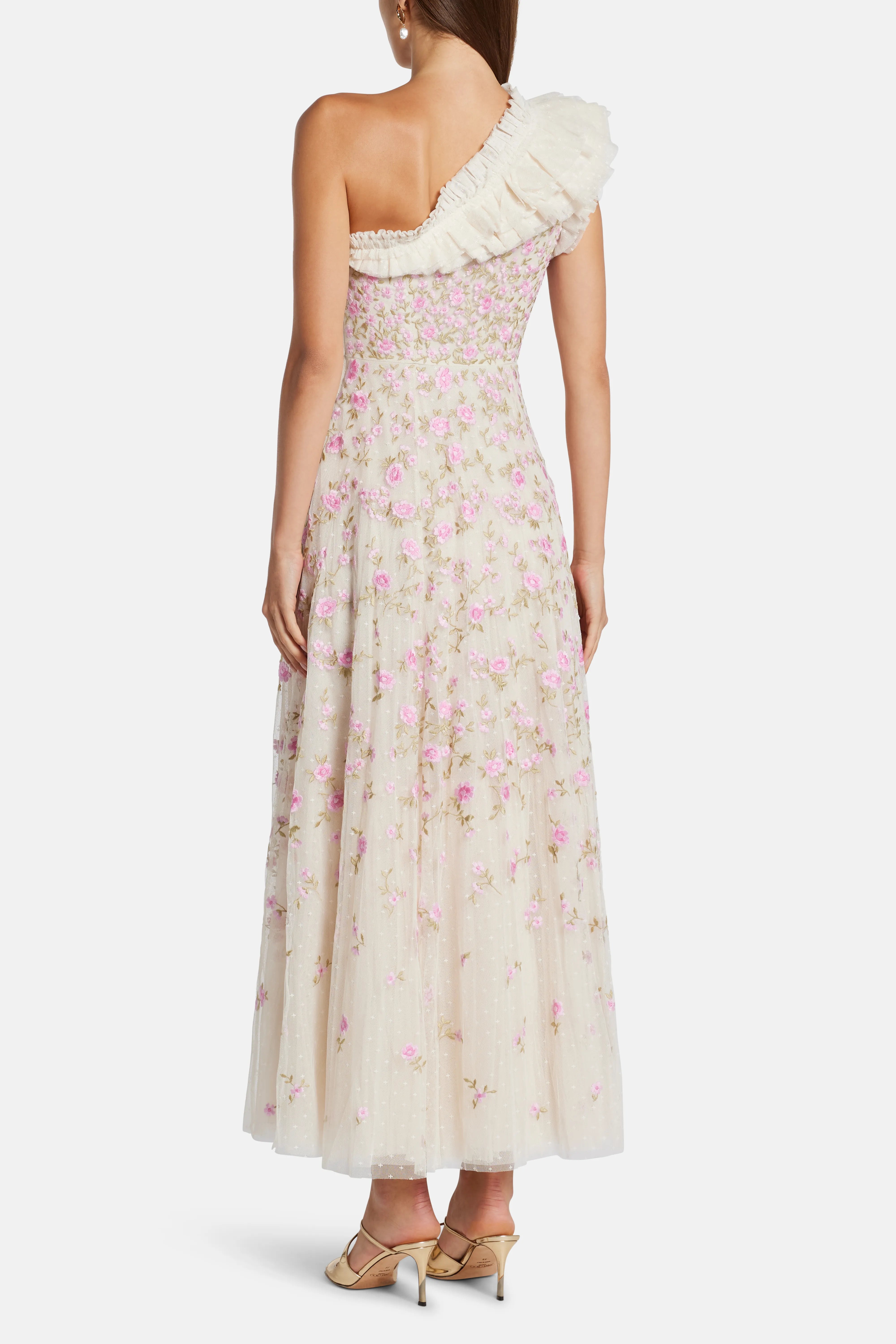 Lea Ditsy One Shoulder Floral Midi Dress in Pink