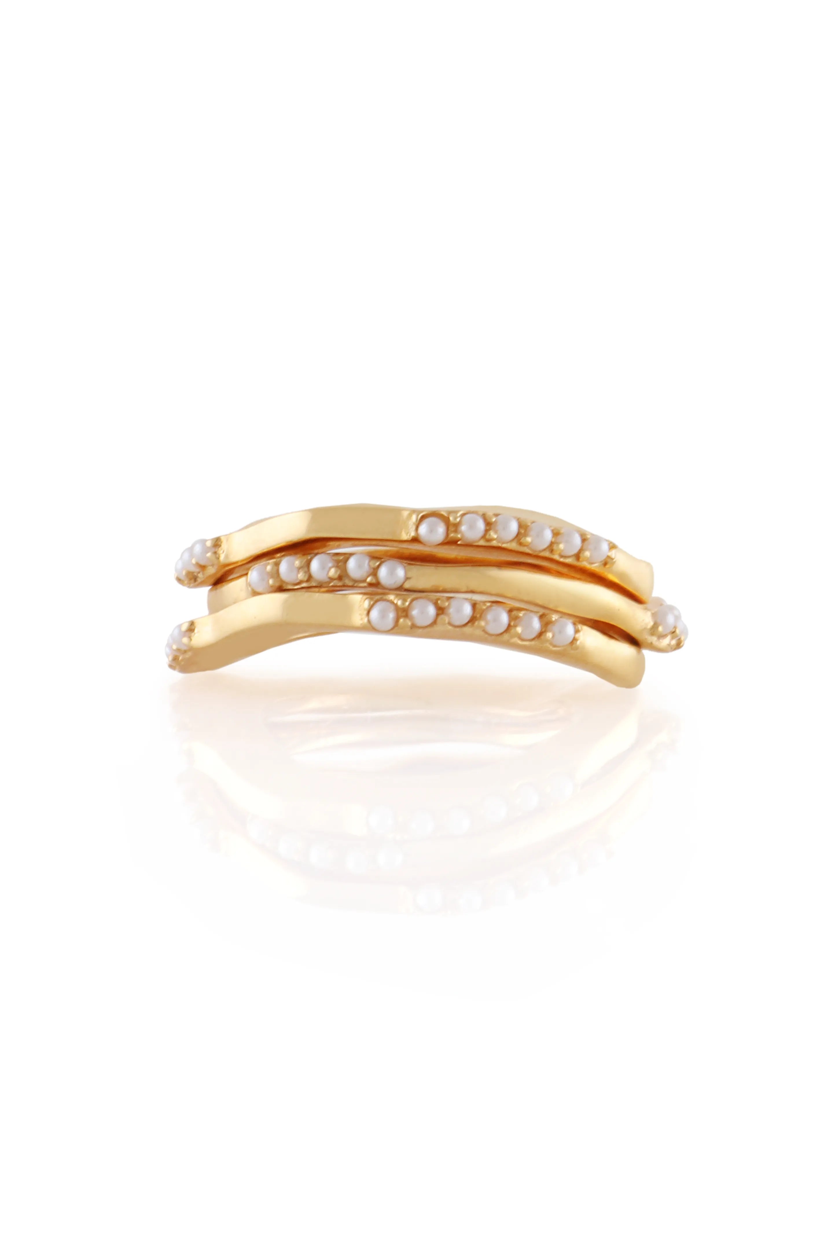 Set Of 3 Wave Gold Rings With Mini White Pearls in Size 8