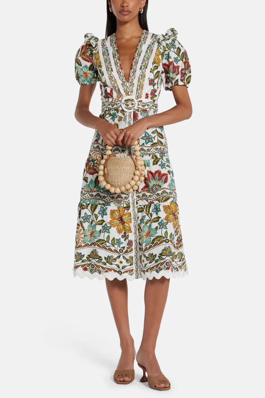 Botanicals Patterned Cotton Midi Dress in Green and White