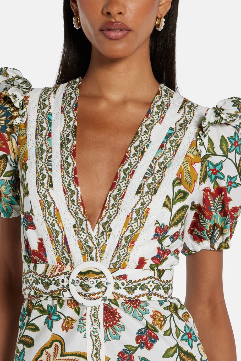 Botanicals Patterned Cotton Midi Dress in Green and White