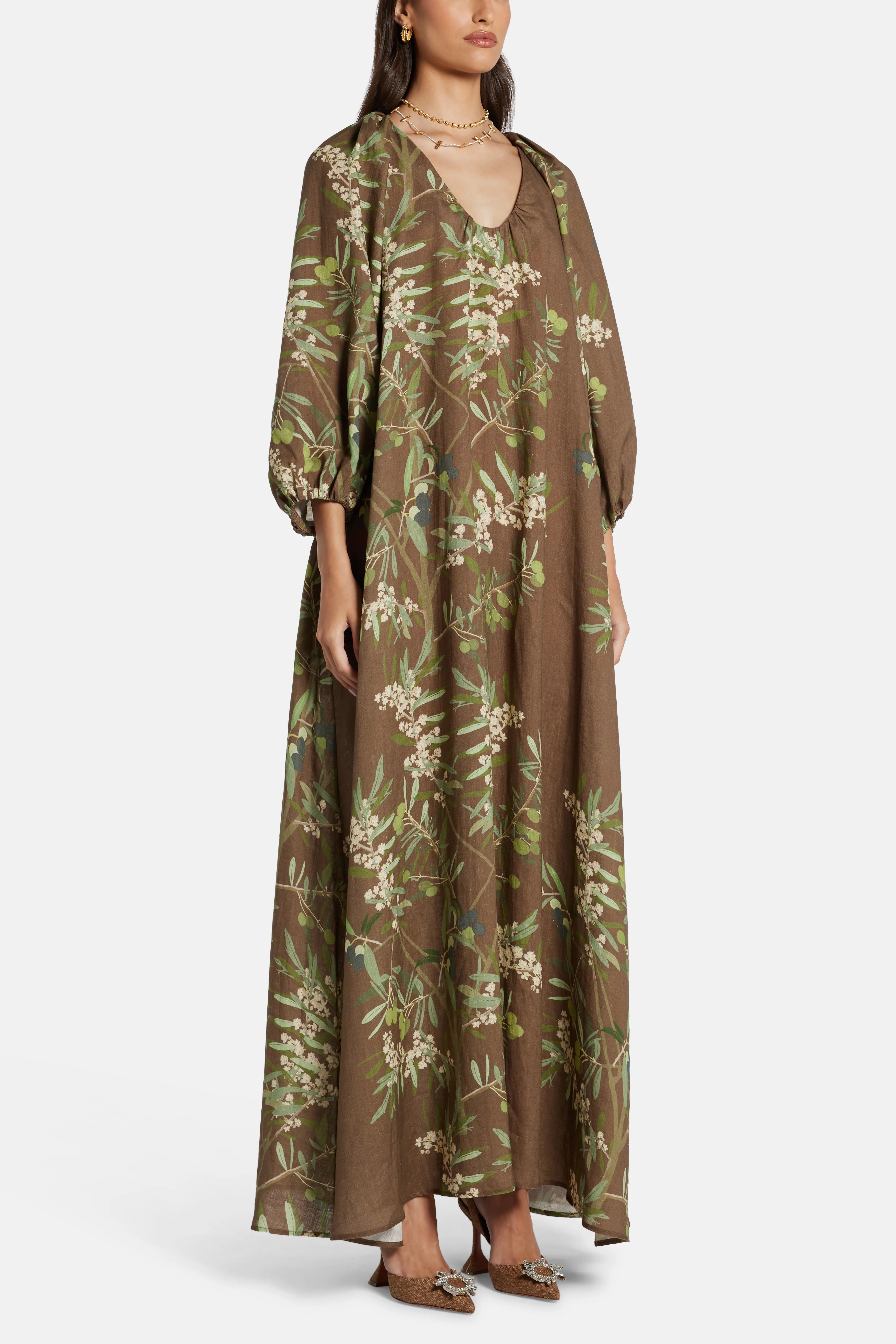 Georgio Puff Sleeves Maxi Dress in Brown