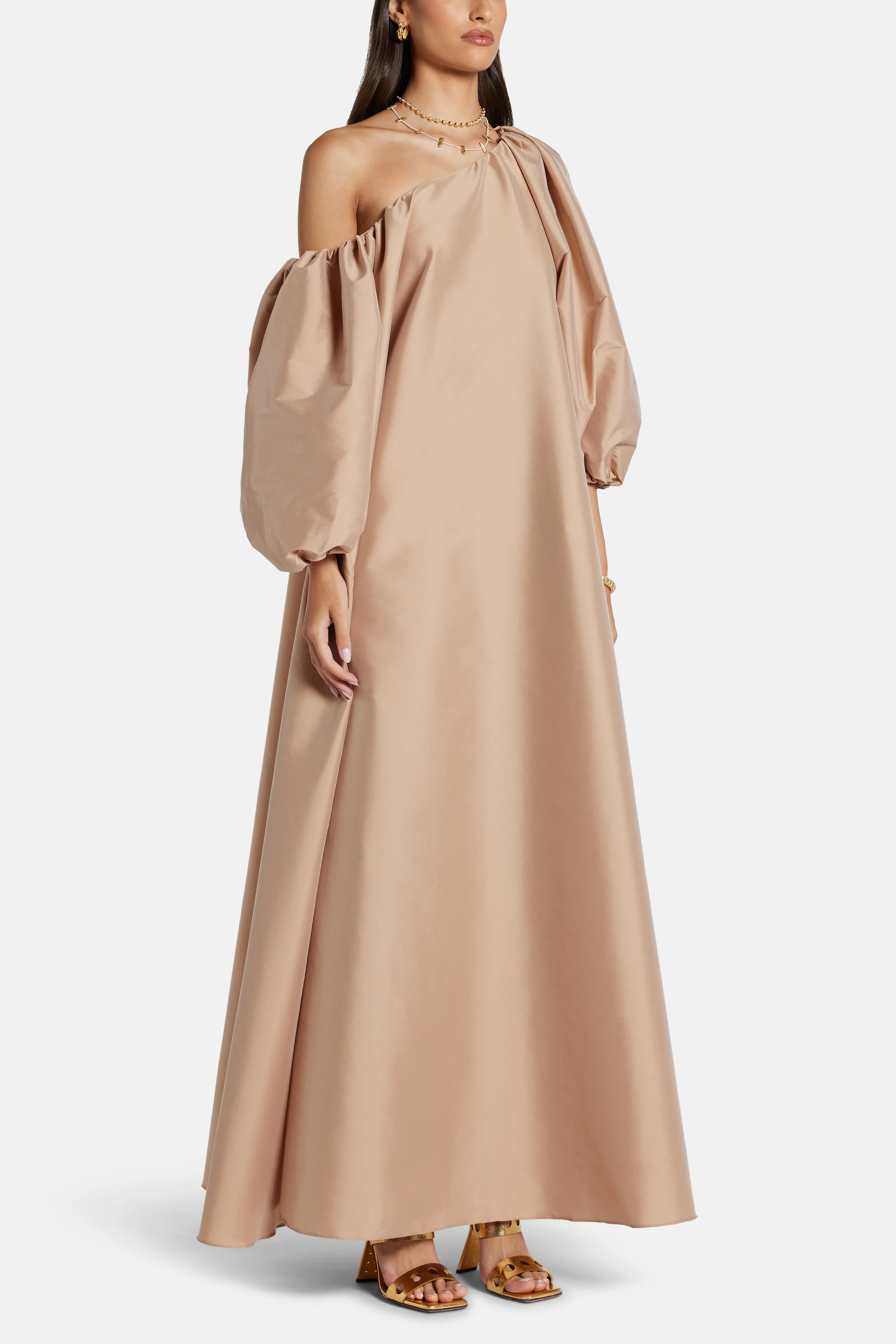 Nathalie One Shoulder Puff Sleeves Maxi Dress in Beige