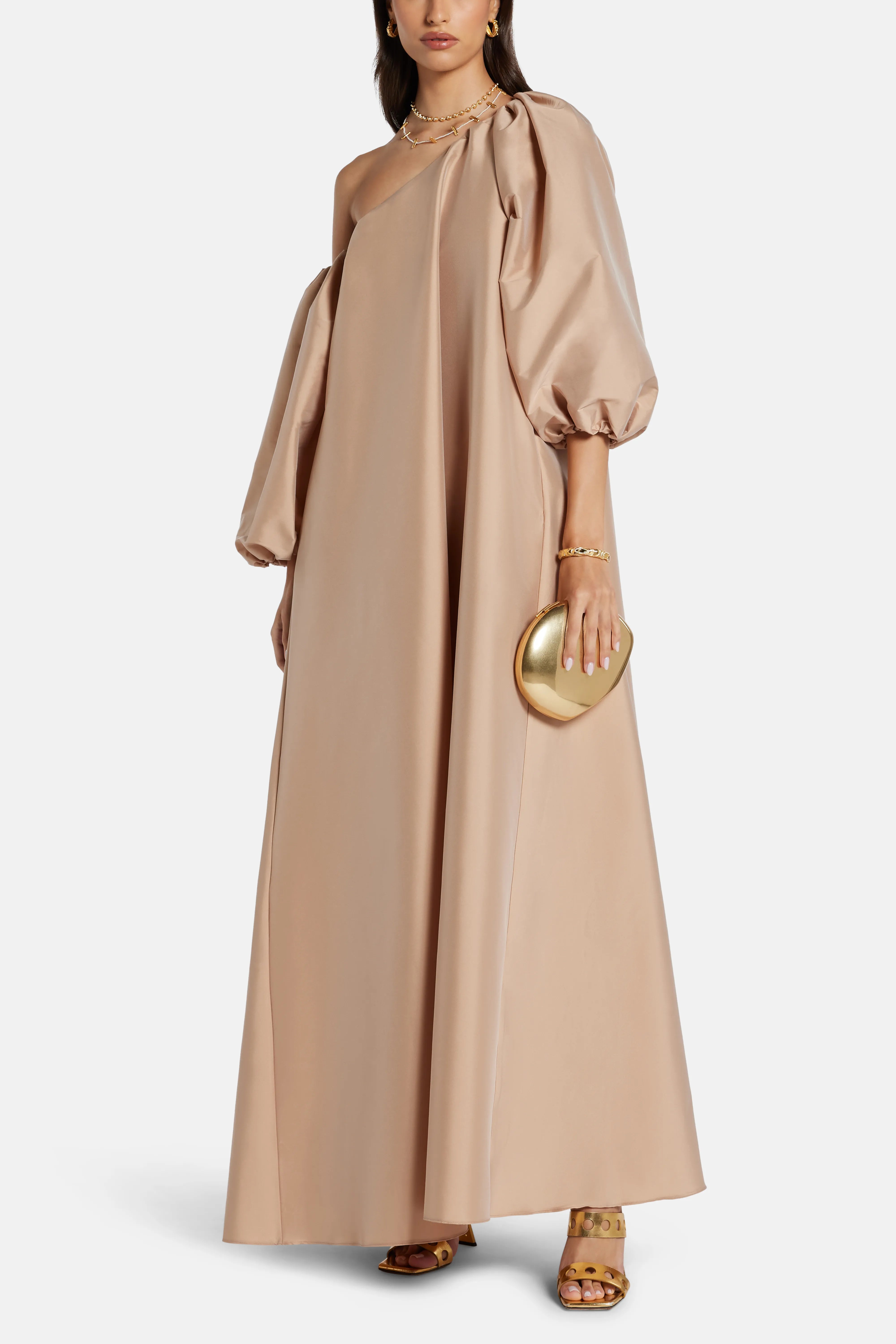 Nathalie One Shoulder Puff Sleeves Maxi Dress in Beige