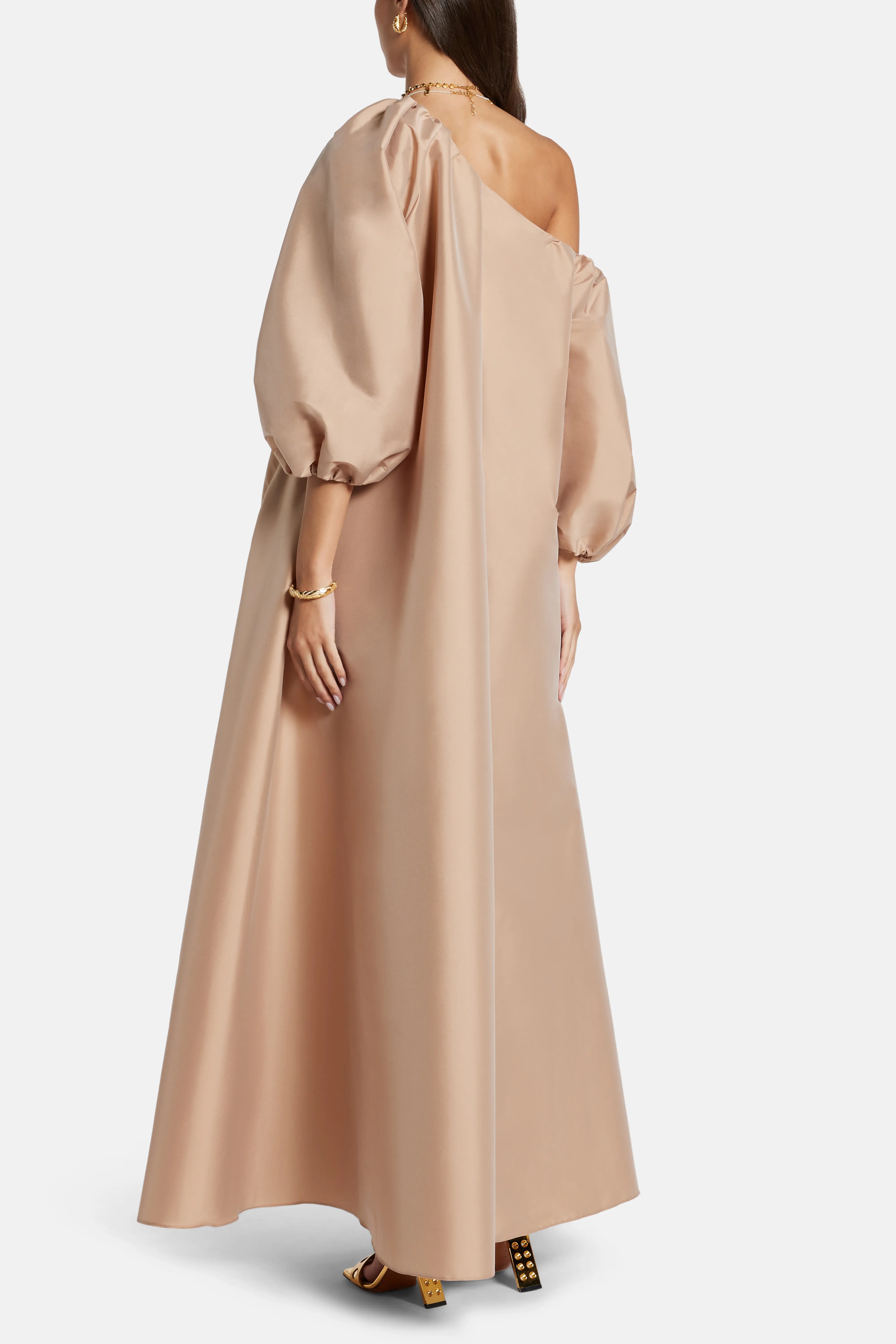 Nathalie One Shoulder Puff Sleeves Maxi Dress in Beige