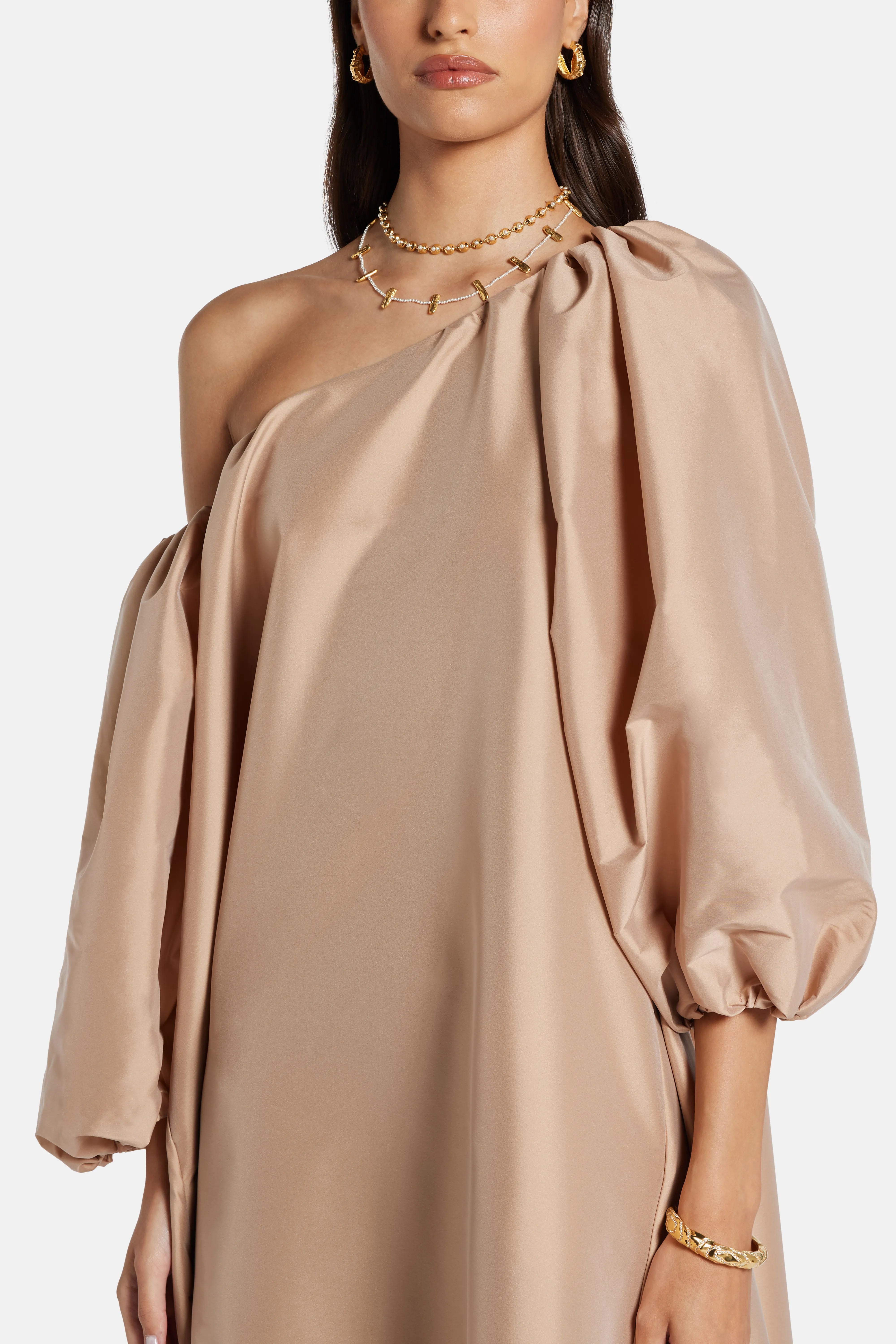 Nathalie One Shoulder Puff Sleeves Maxi Dress in Beige