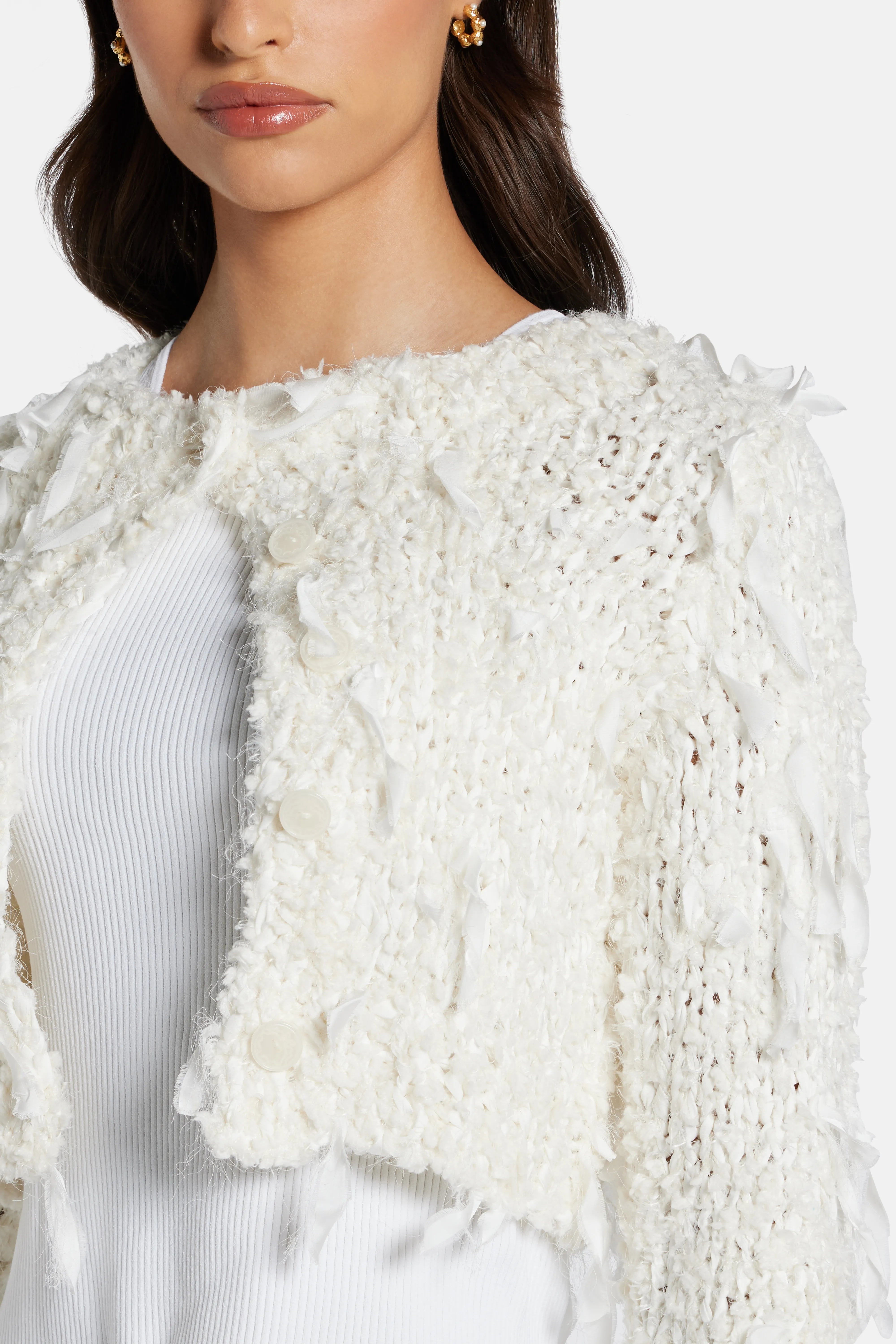 Carol Ribbon Boucle Cropped Cardigan in White