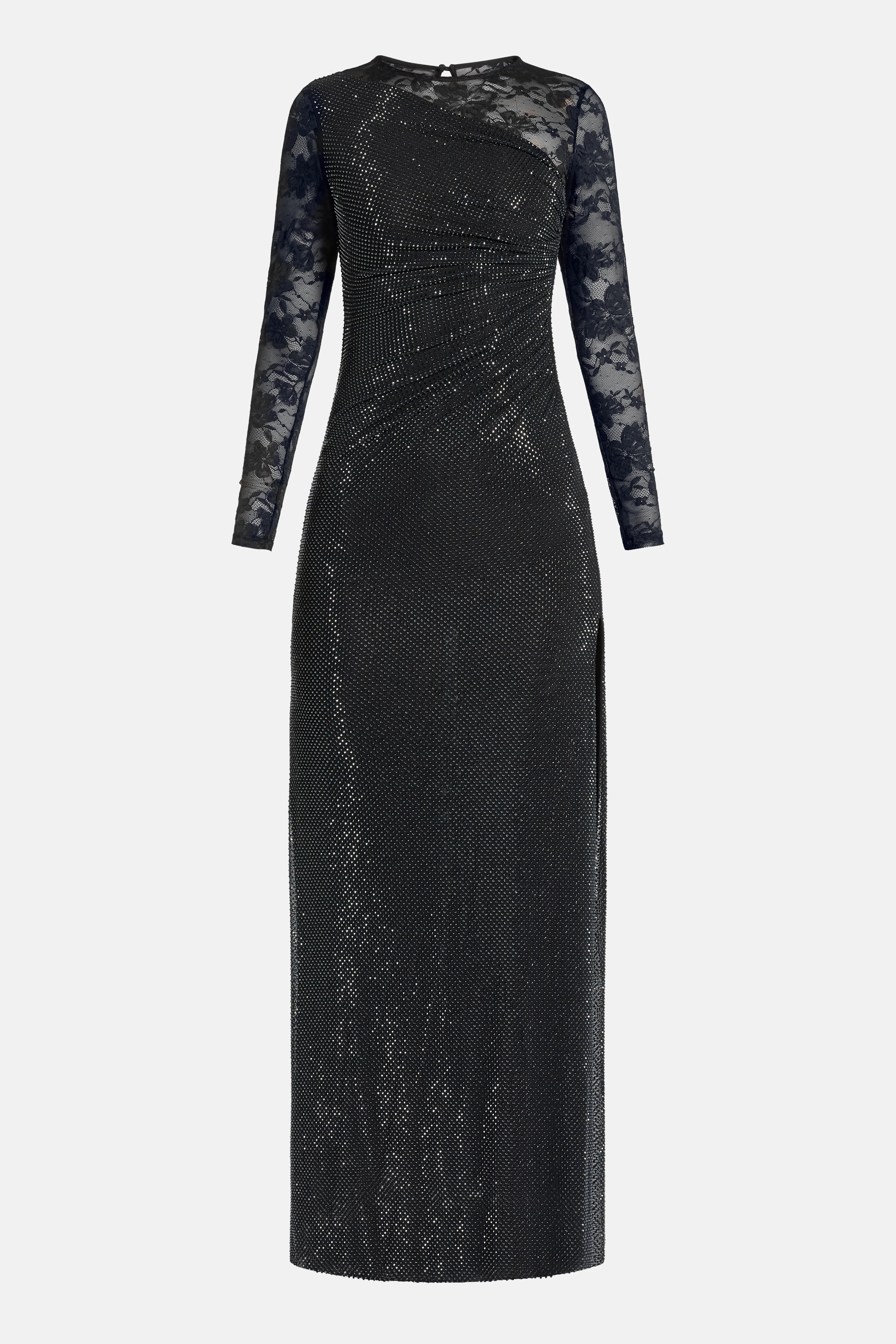 Rhinestone Lace Sleeves Evening Dress in Black
