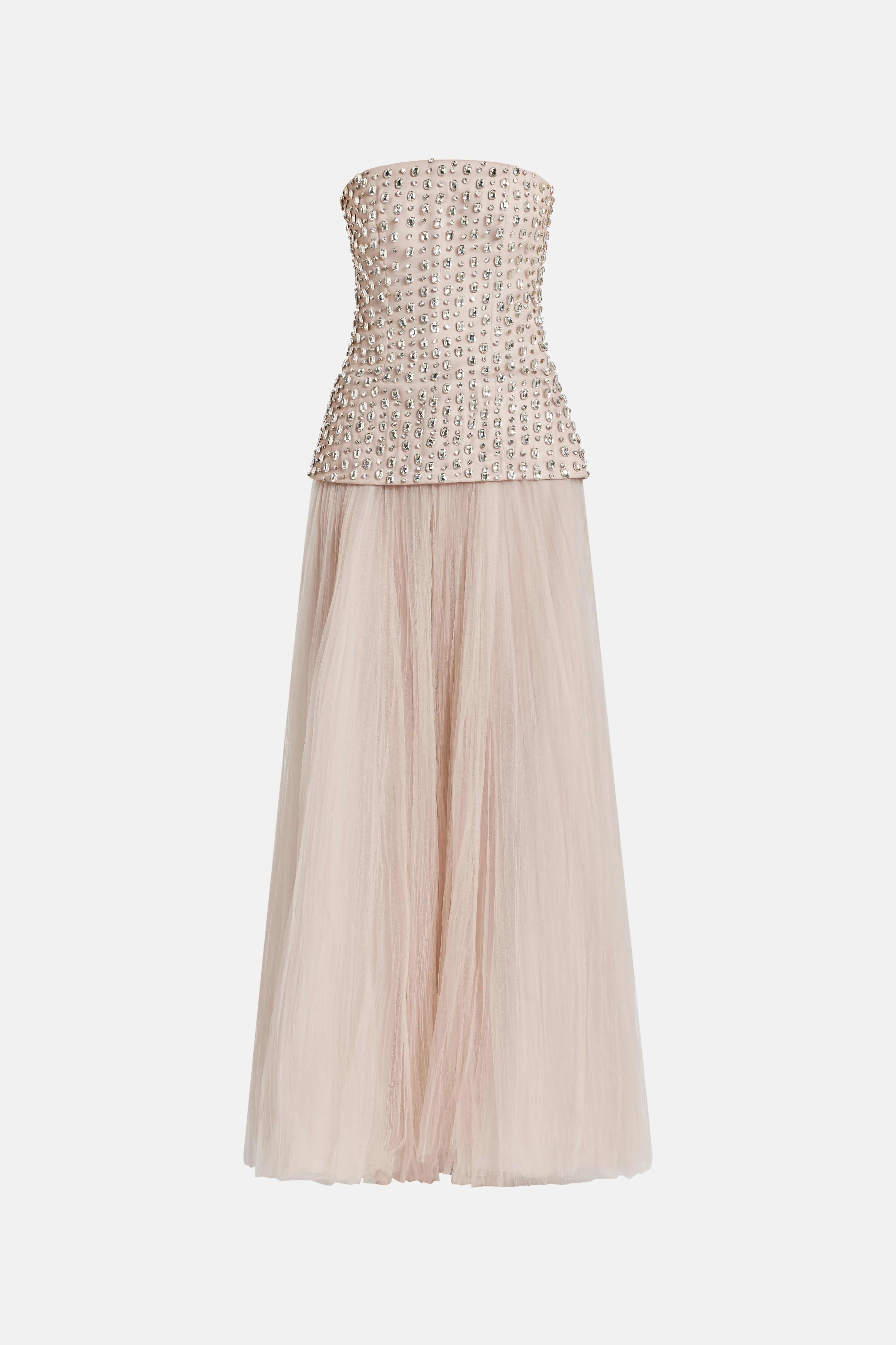 Crystal Stone Evening Dress in Beige