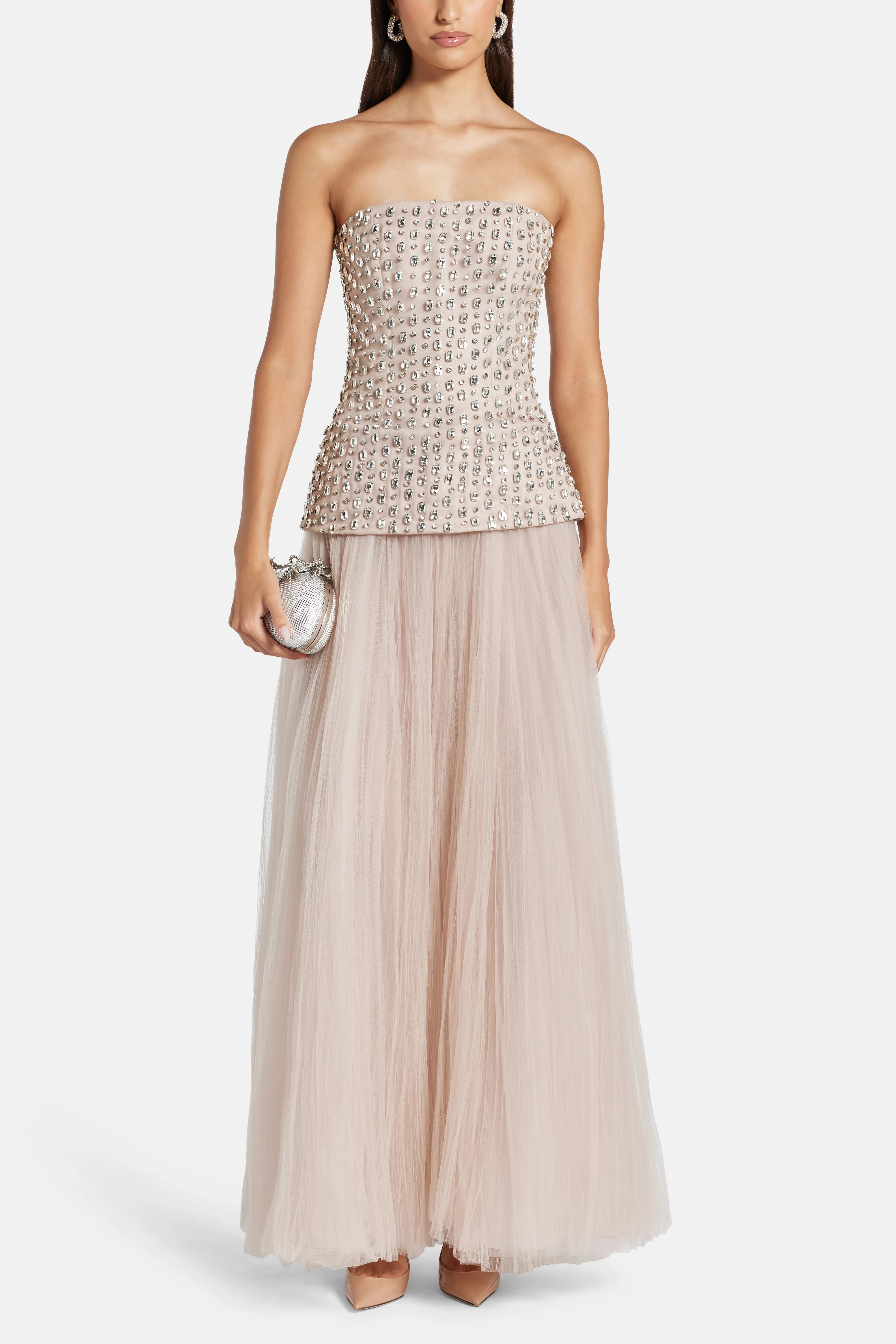 Crystal Stone Evening Dress in Beige
