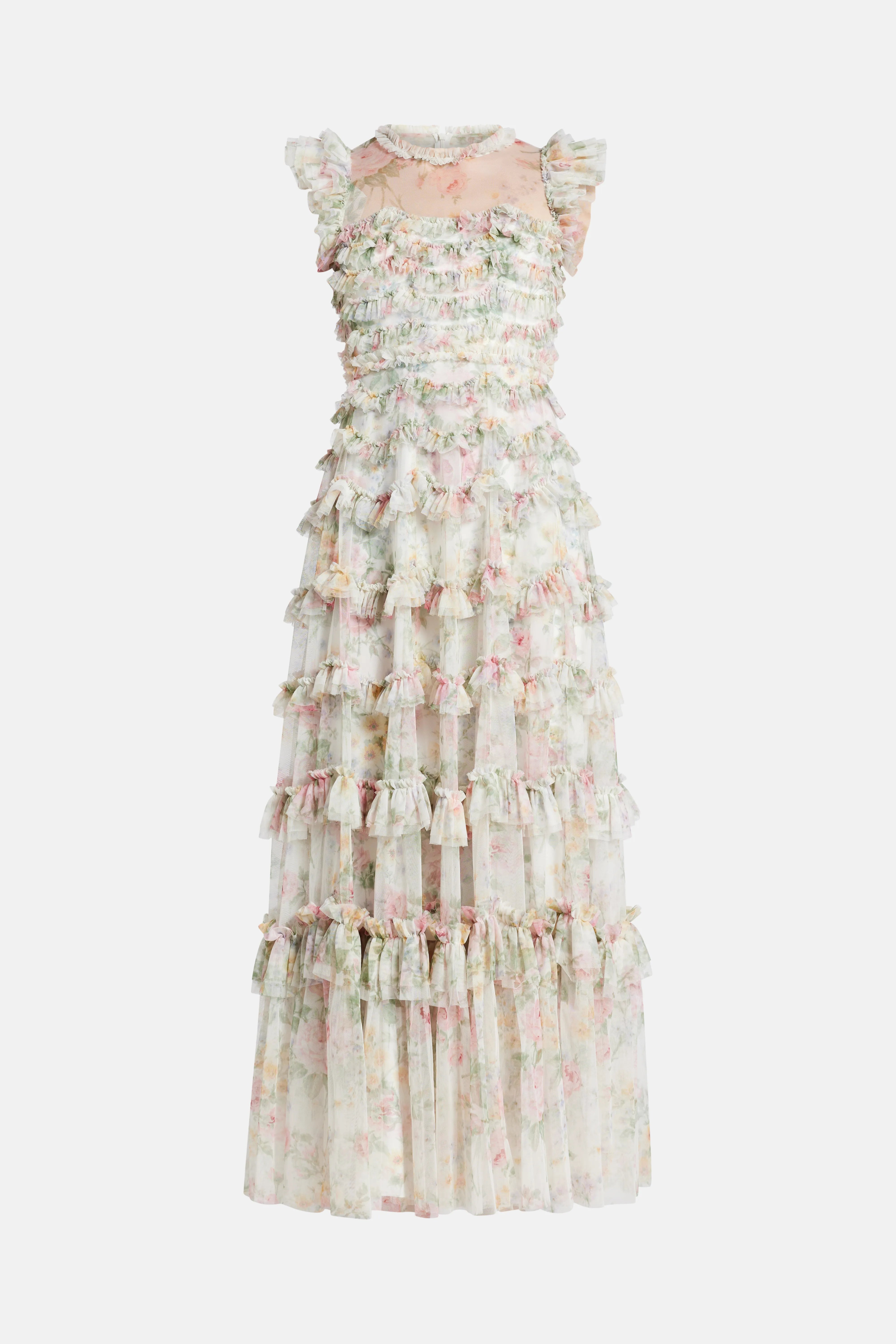 Pompadour Garden Round Neck Maxi Dress in White