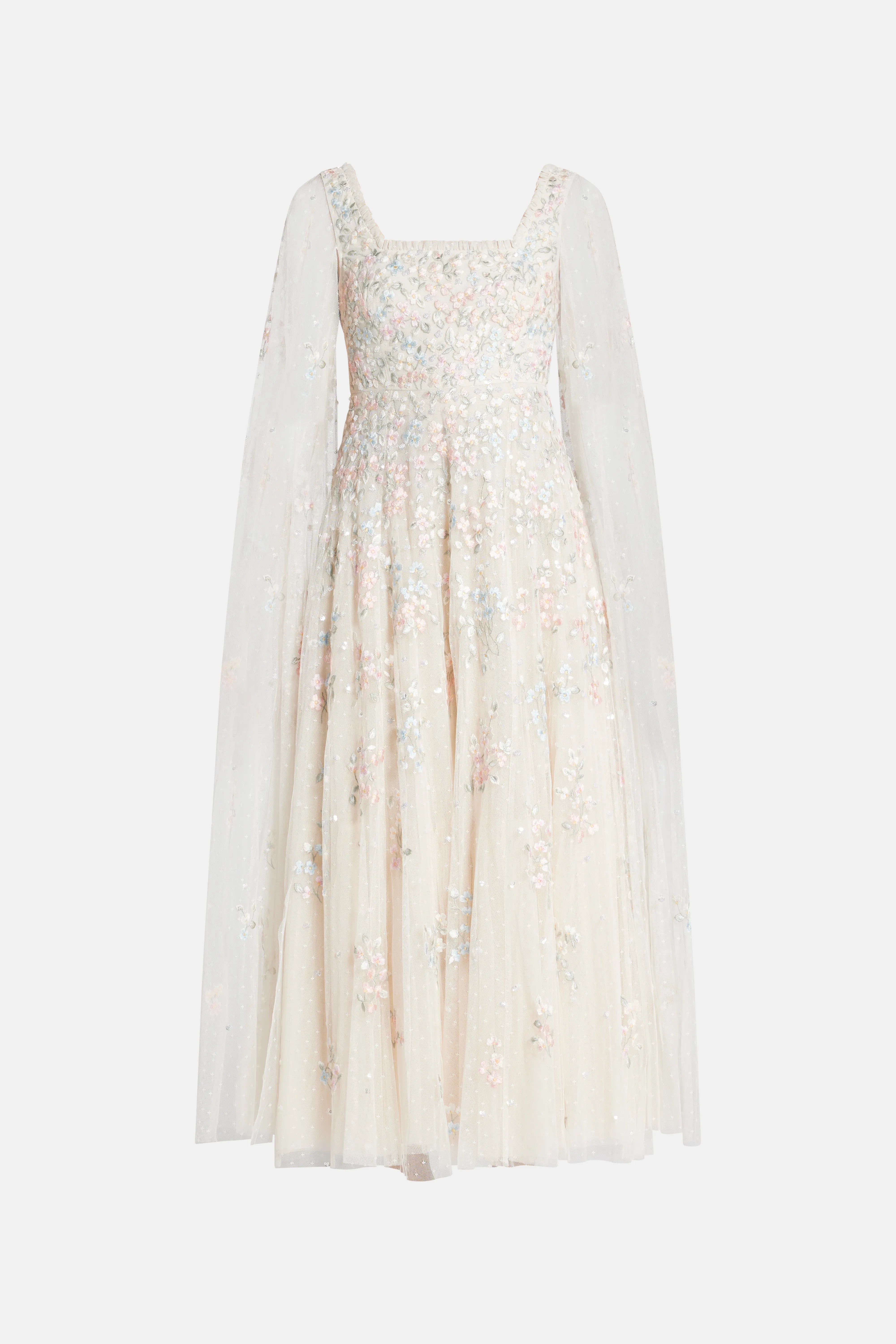 Versailles Ditsy Cape Sleeve Evening Dress in Cream