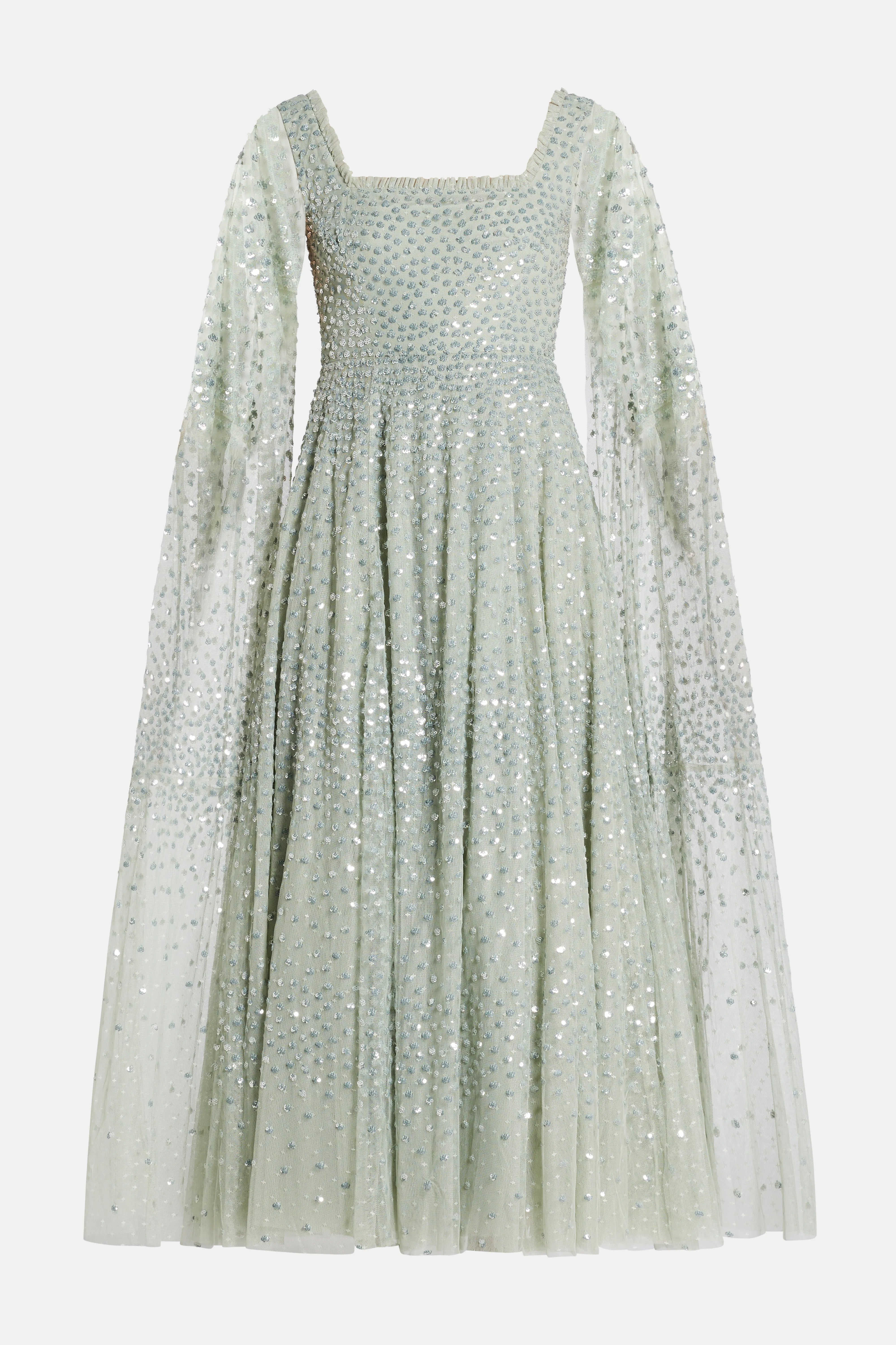 Scatter Dot Cape Sleeve Evening Dress in Green