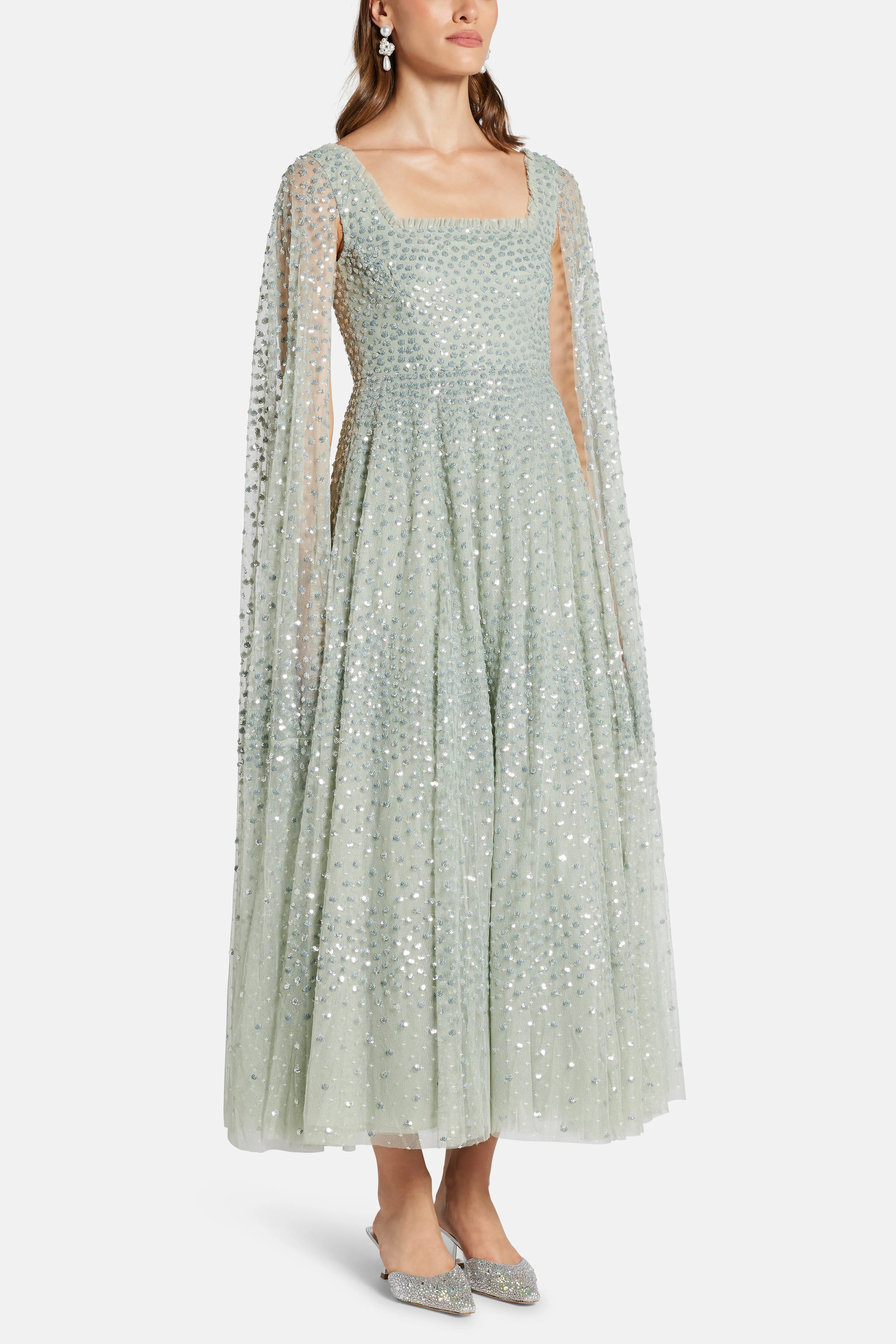 Scatter Dot Cape Sleeve Evening Dress in Green