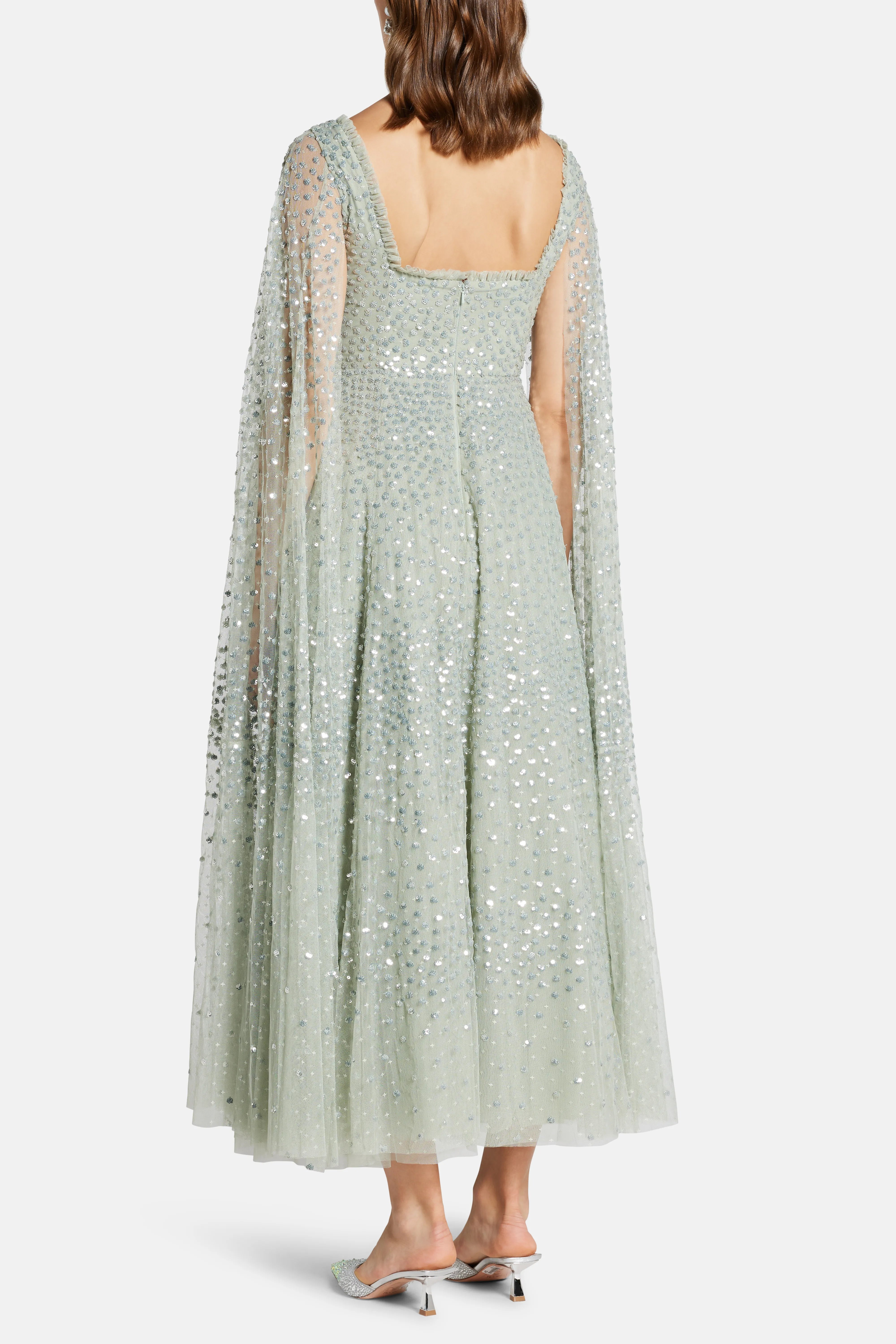 Scatter Dot Cape Sleeve Evening Dress in Green