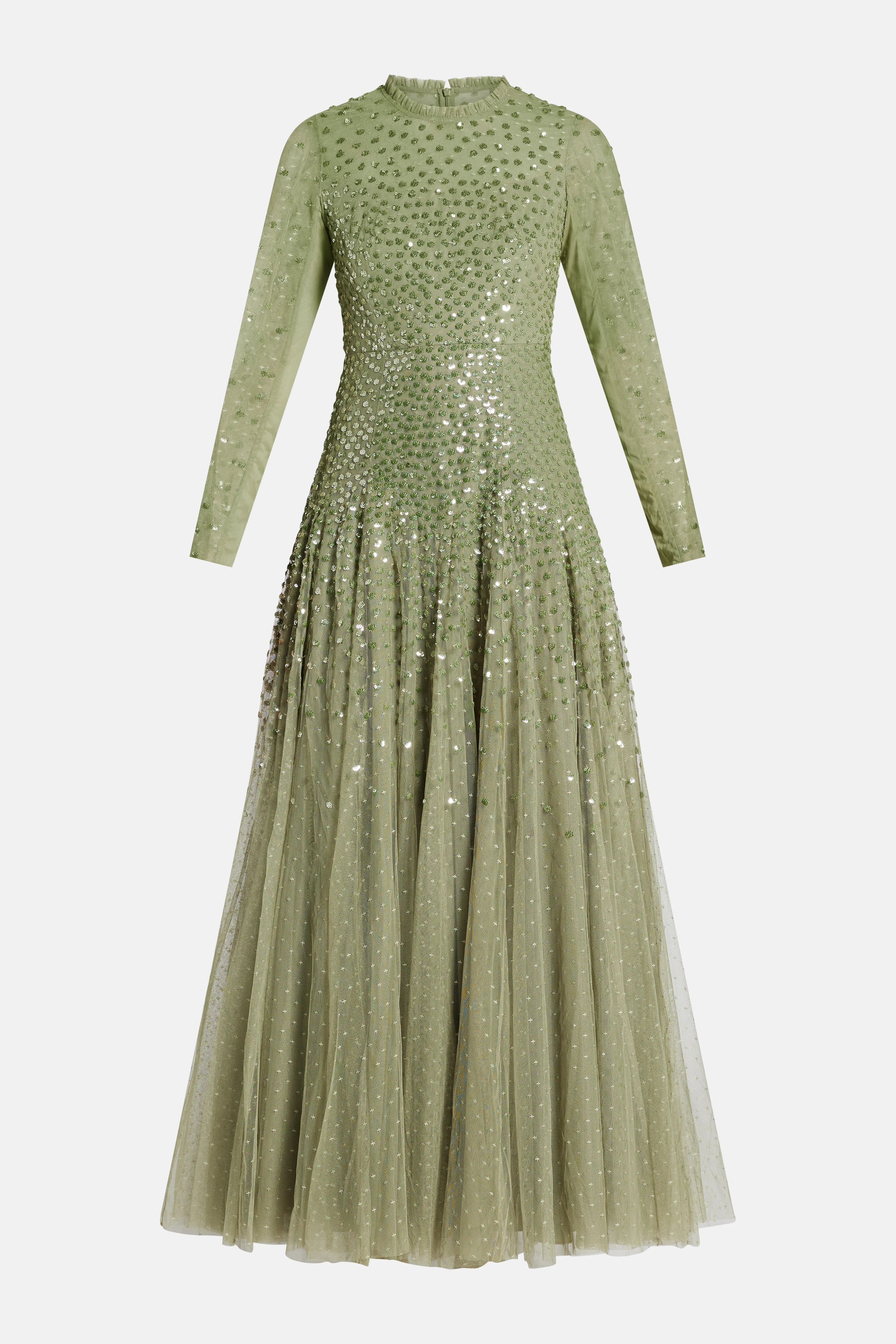 Sequin Cascade Round Neck Evening Dress in Green