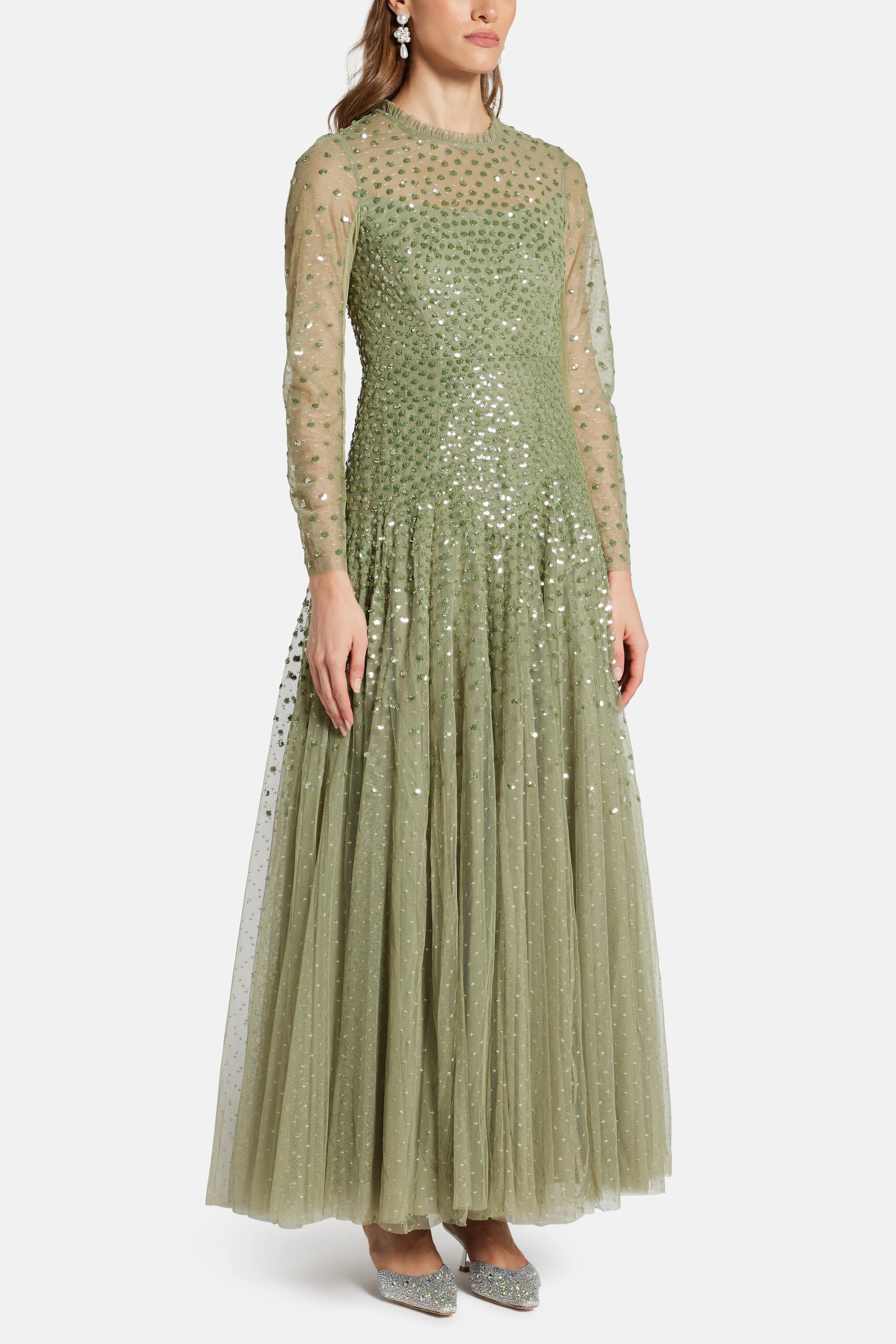 Sequin Cascade Round Neck Evening Dress in Green