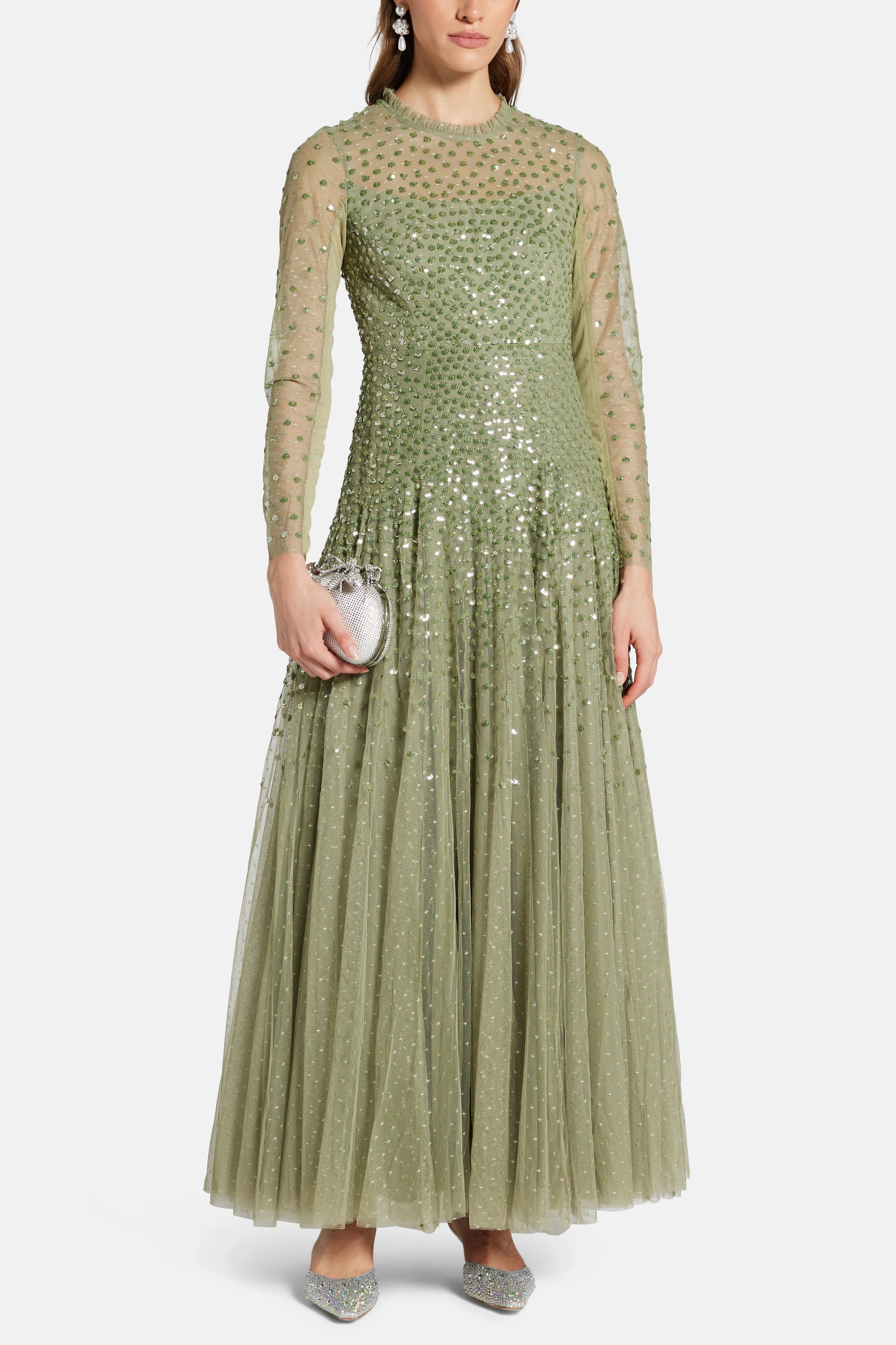 Sequin Cascade Round Neck Evening Dress in Green