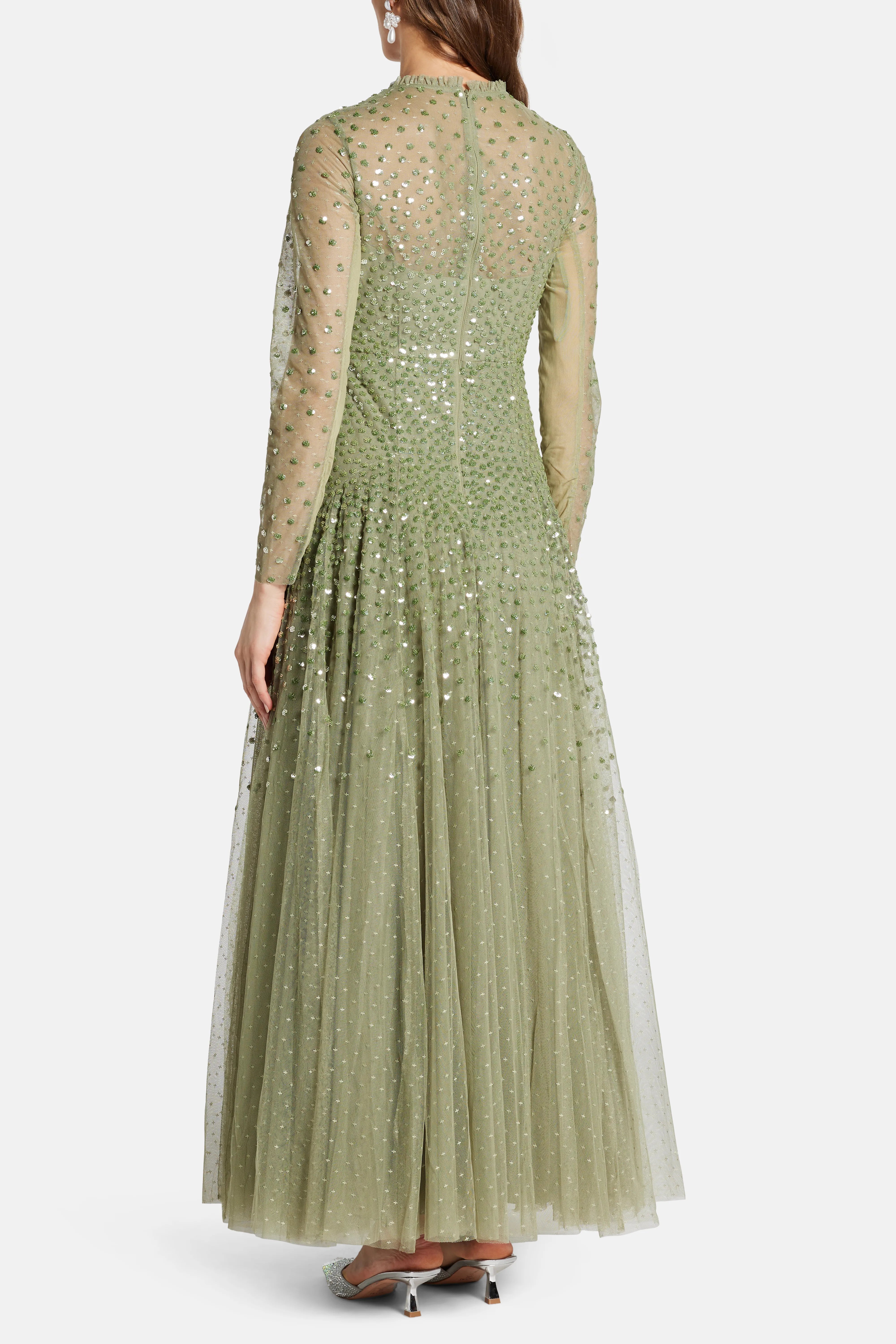 Sequin Cascade Round Neck Evening Dress in Green