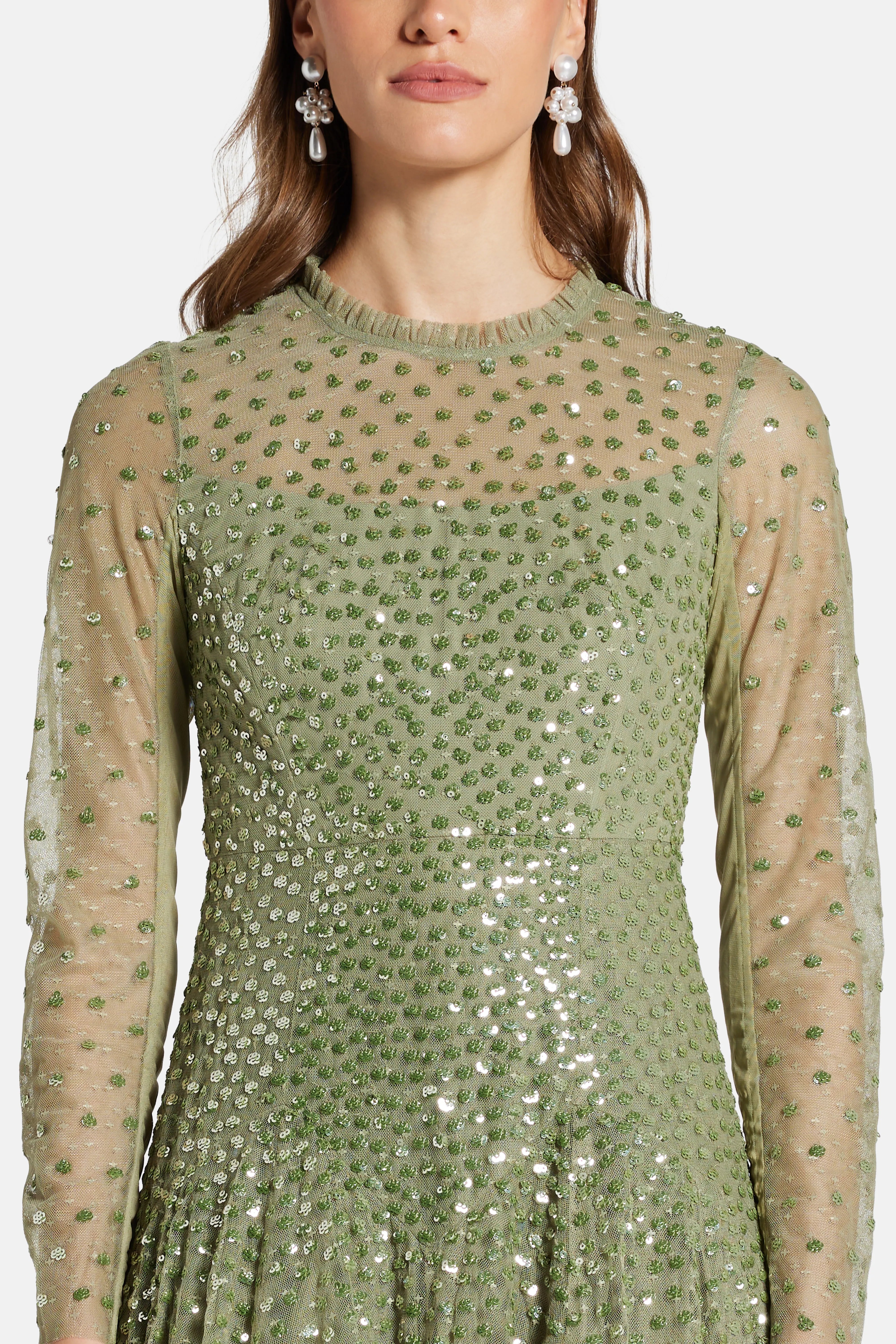 Sequin Cascade Round Neck Evening Dress in Green