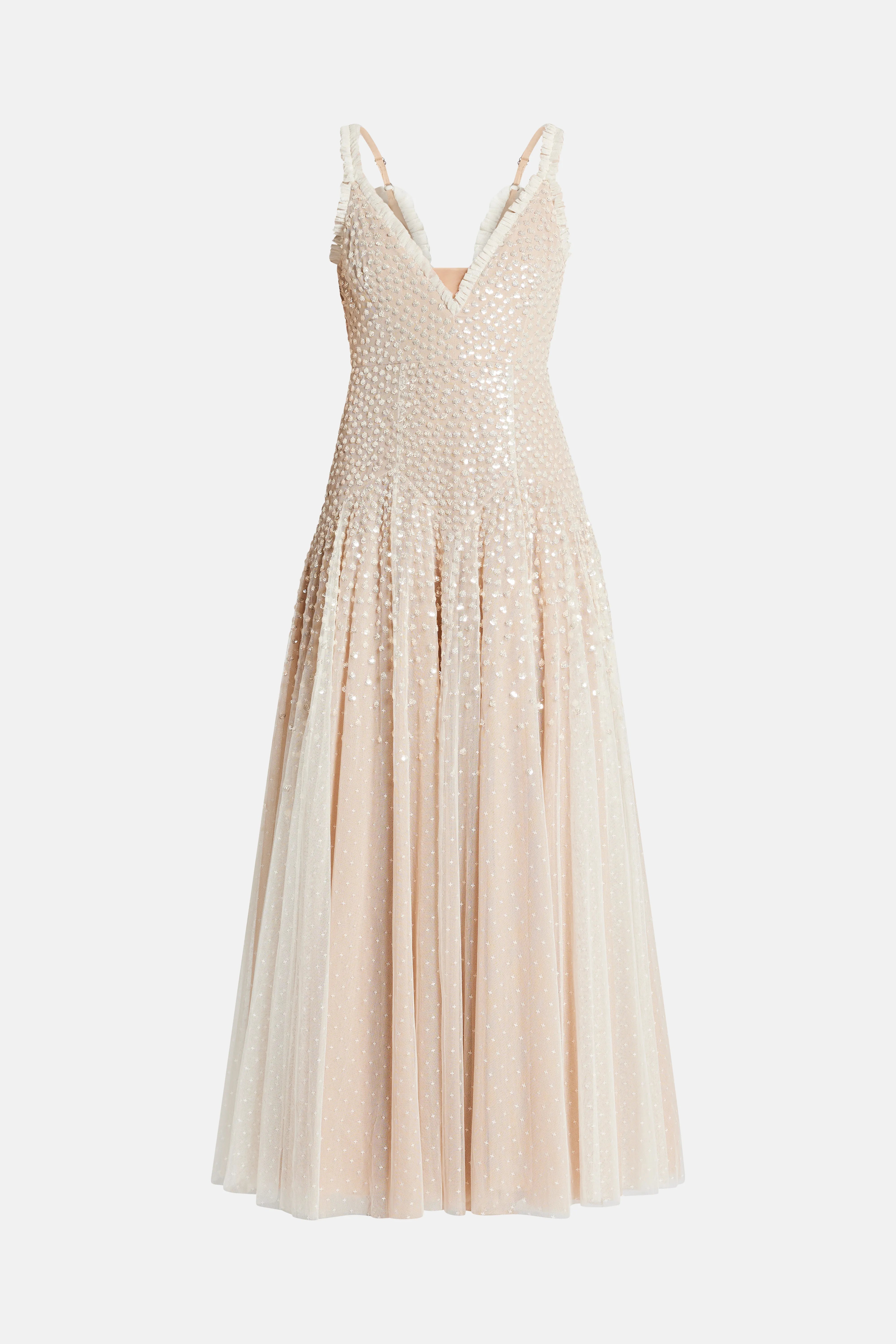 Sequin Cascade Sleeveless Plunge Evening Dress in Cream