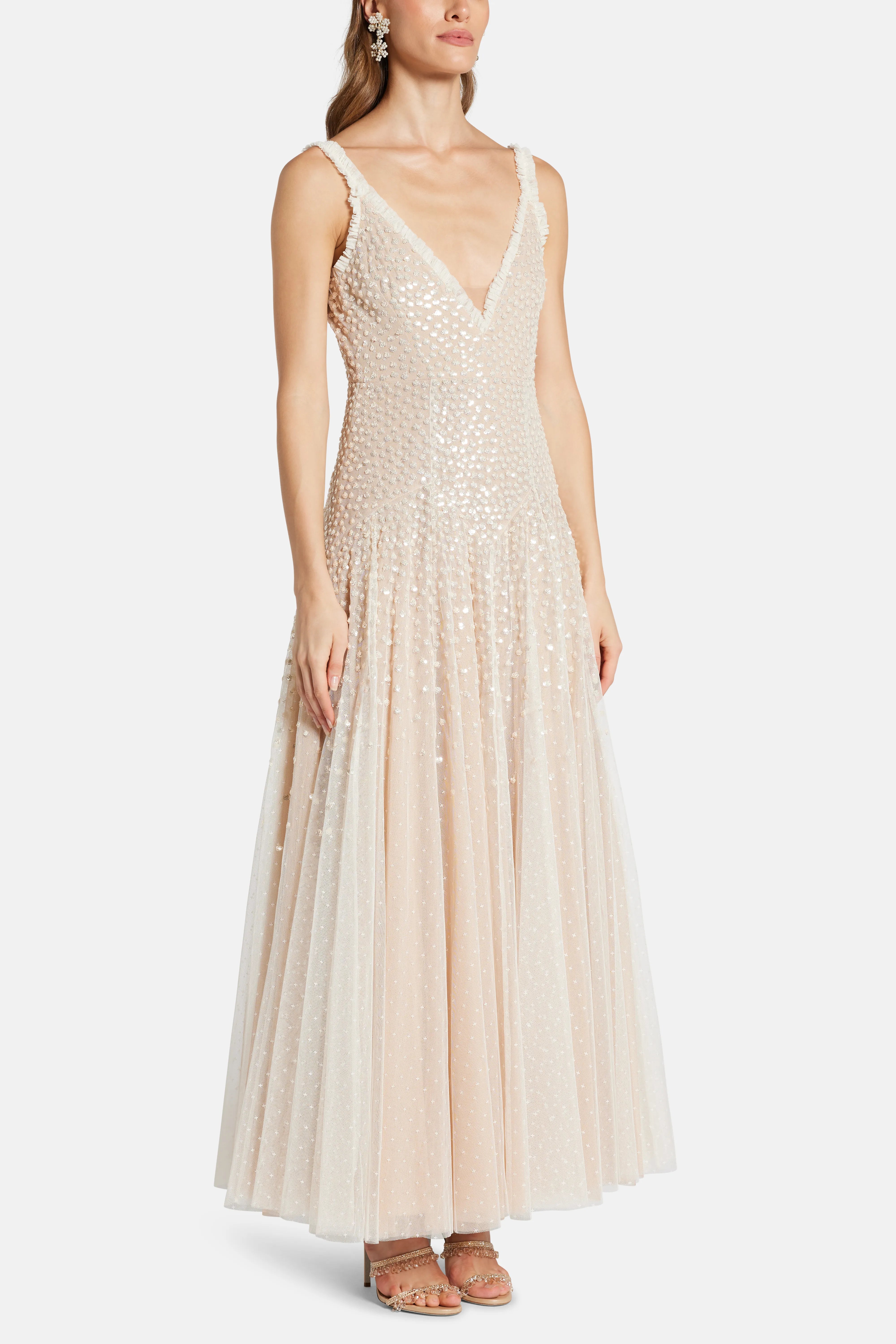 Sequin Cascade Sleeveless Plunge Evening Dress in Cream