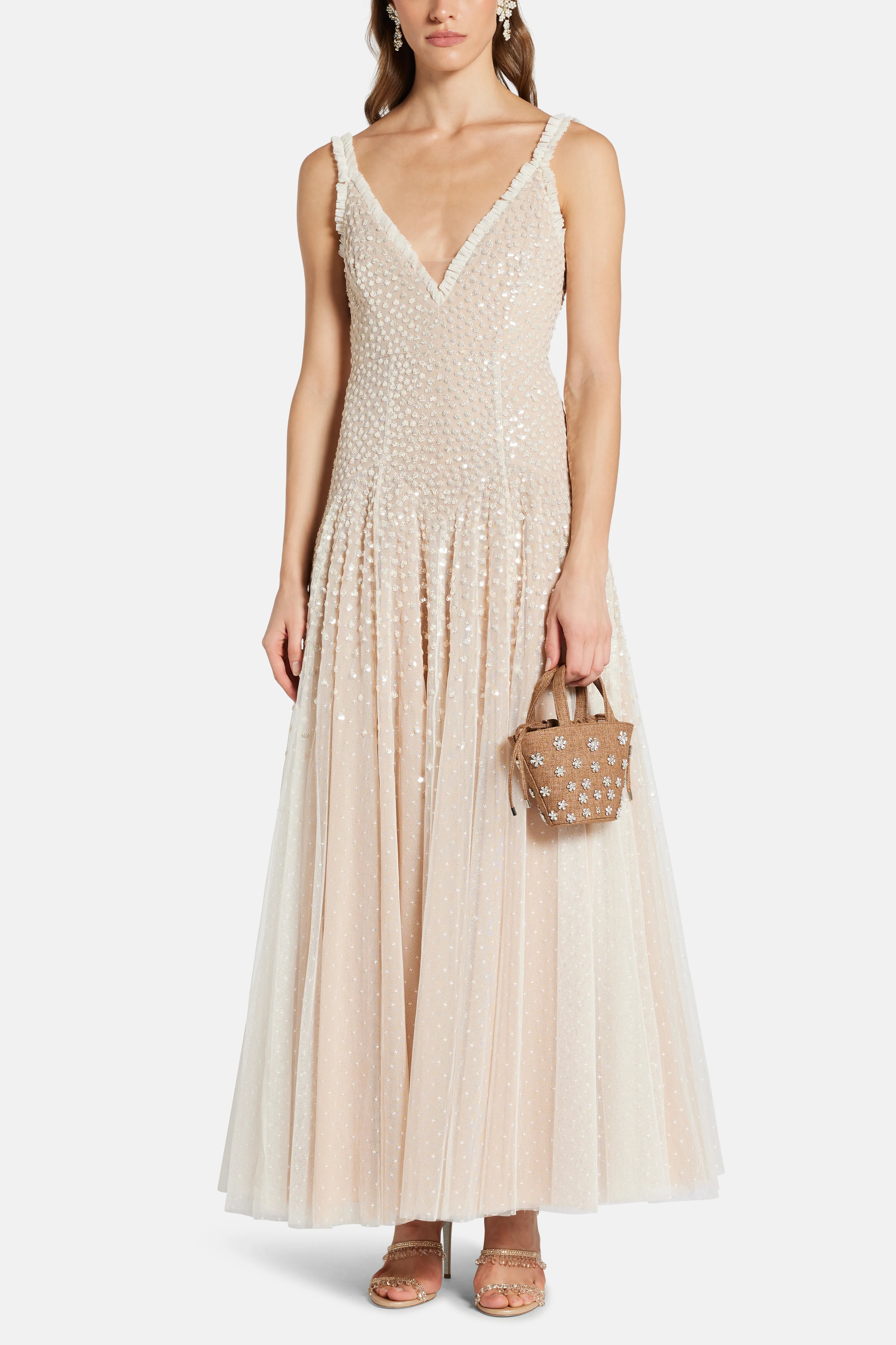 Sequin Cascade Sleeveless Plunge Evening Dress in Cream