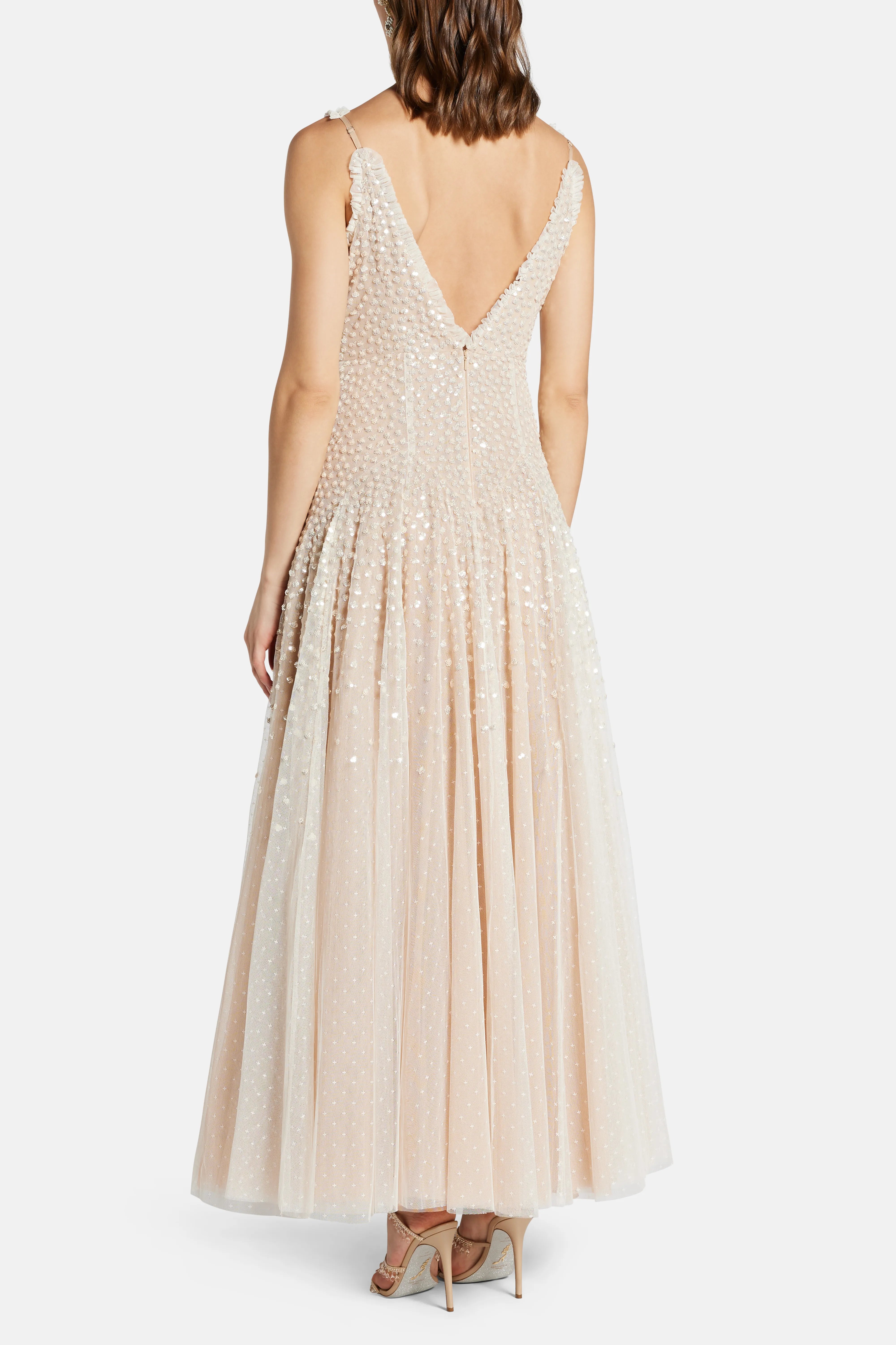 Sequin Cascade Sleeveless Plunge Evening Dress in Cream