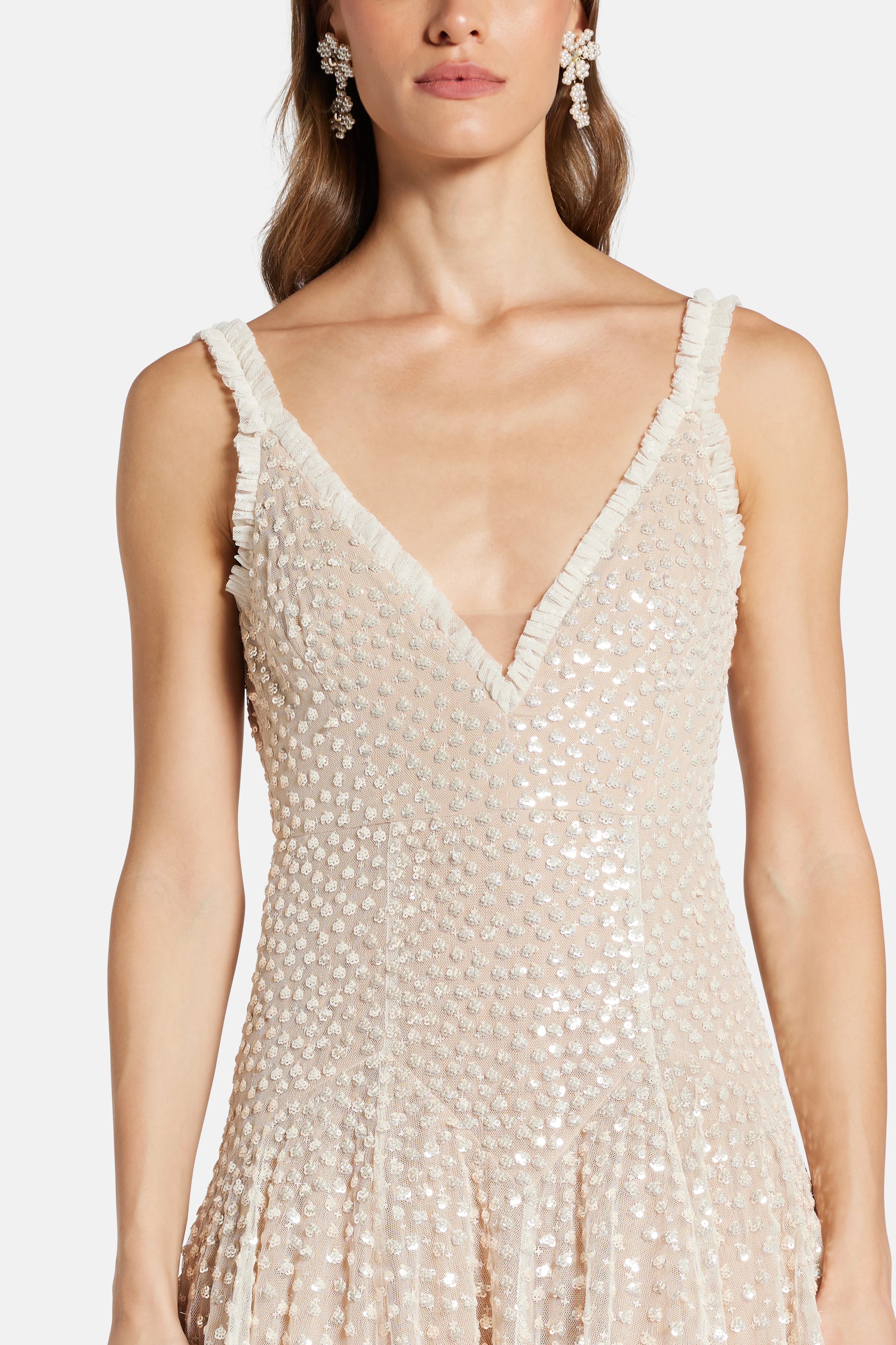 Sequin Cascade Sleeveless Plunge Evening Dress in Cream