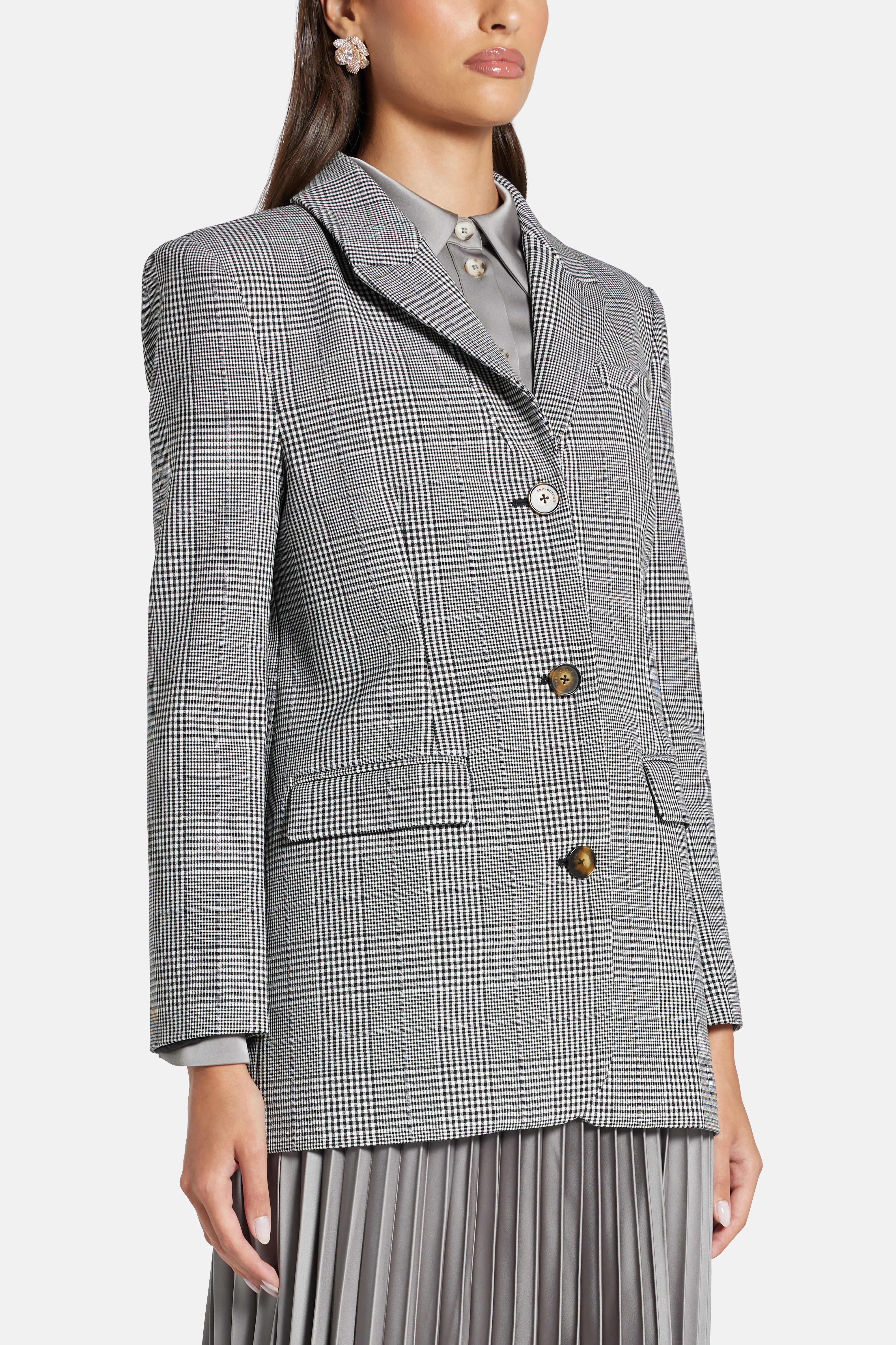 Prince Of Wales Check Single Breasted Blazer in Grey