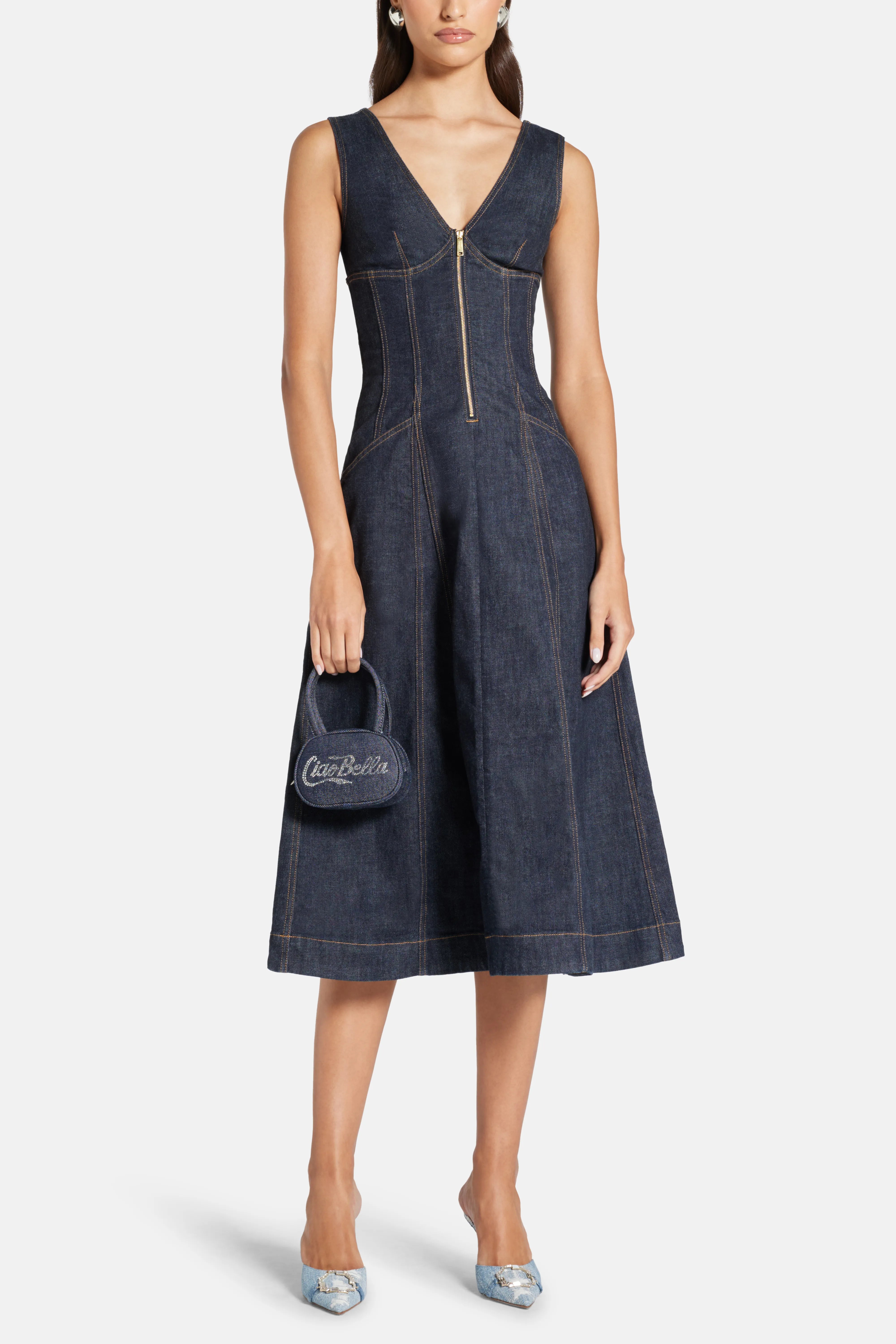 Sleeveless V Neck Cotton Denim Midi Dress in Blue