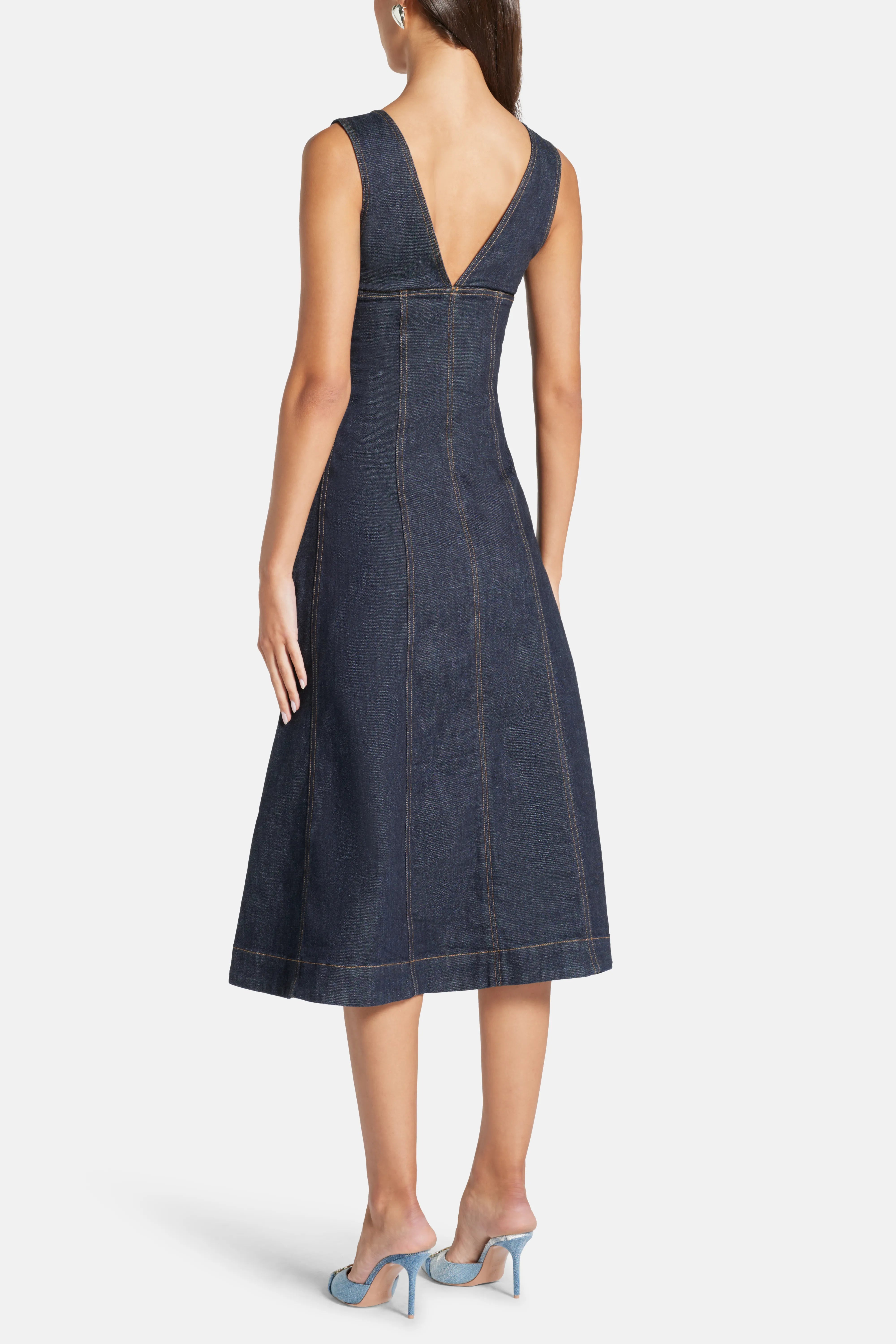 Sleeveless V Neck Cotton Denim Midi Dress in Blue
