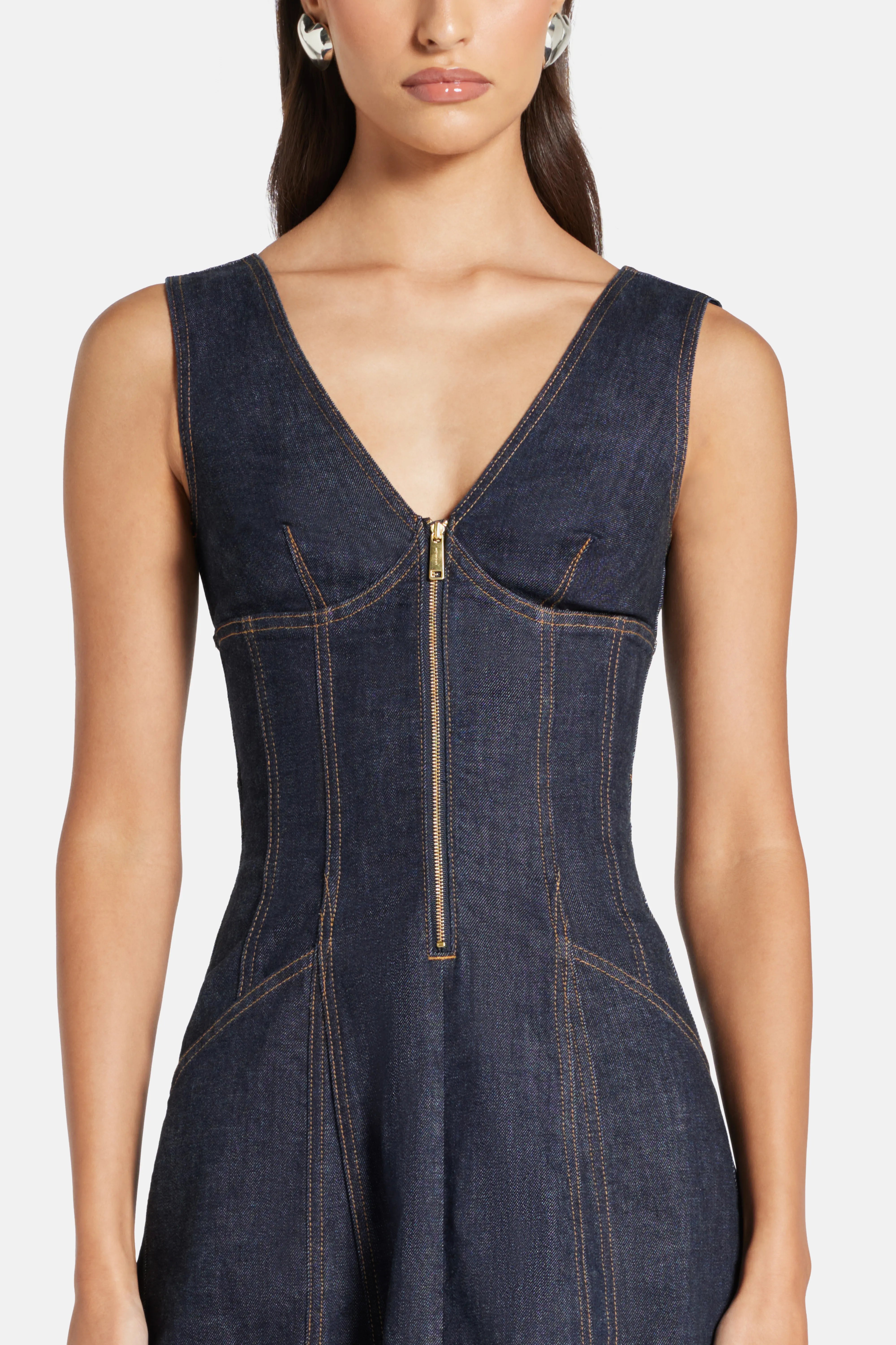 Sleeveless V Neck Cotton Denim Midi Dress in Blue