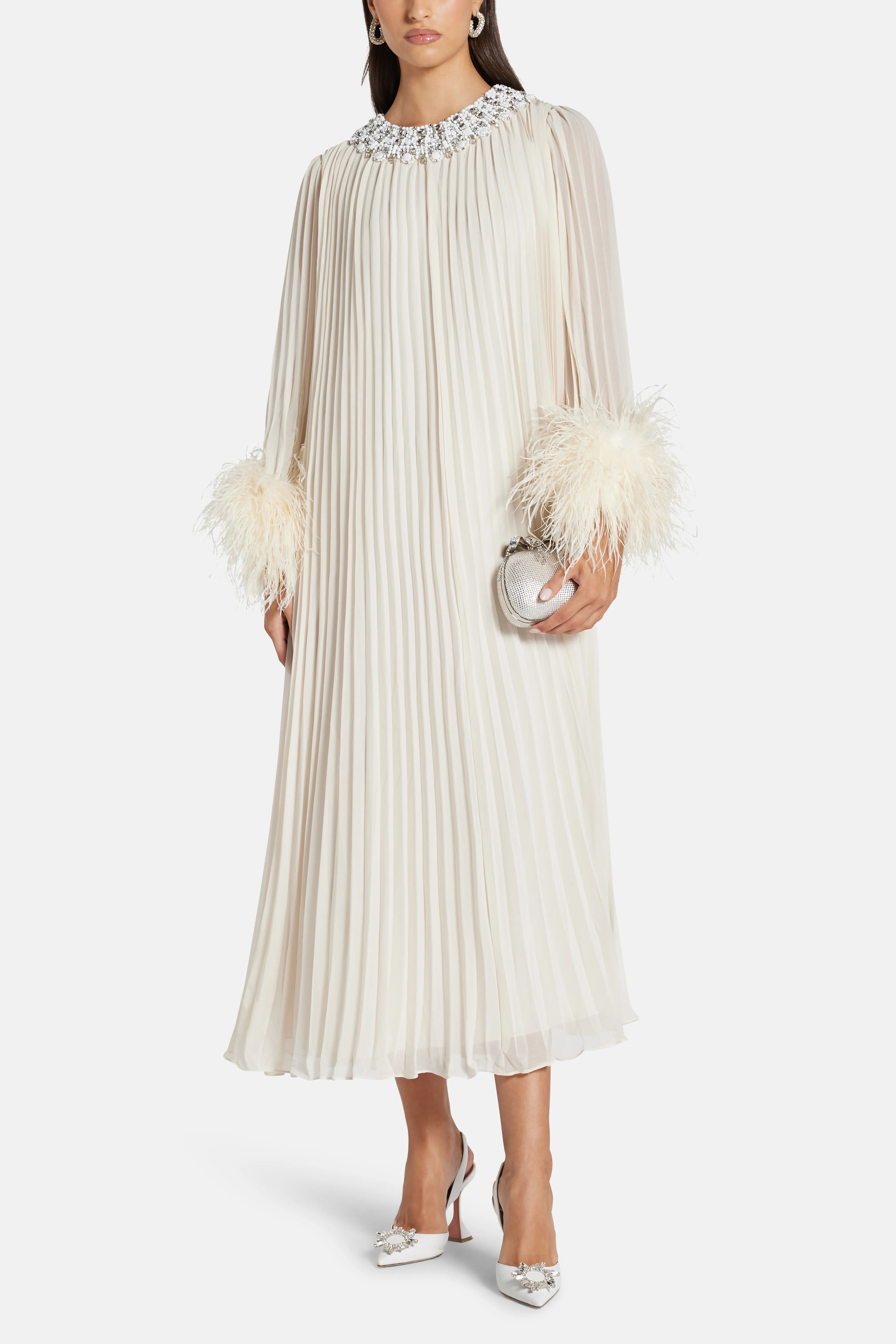 Chiffon Feather Evening Dress in Cream