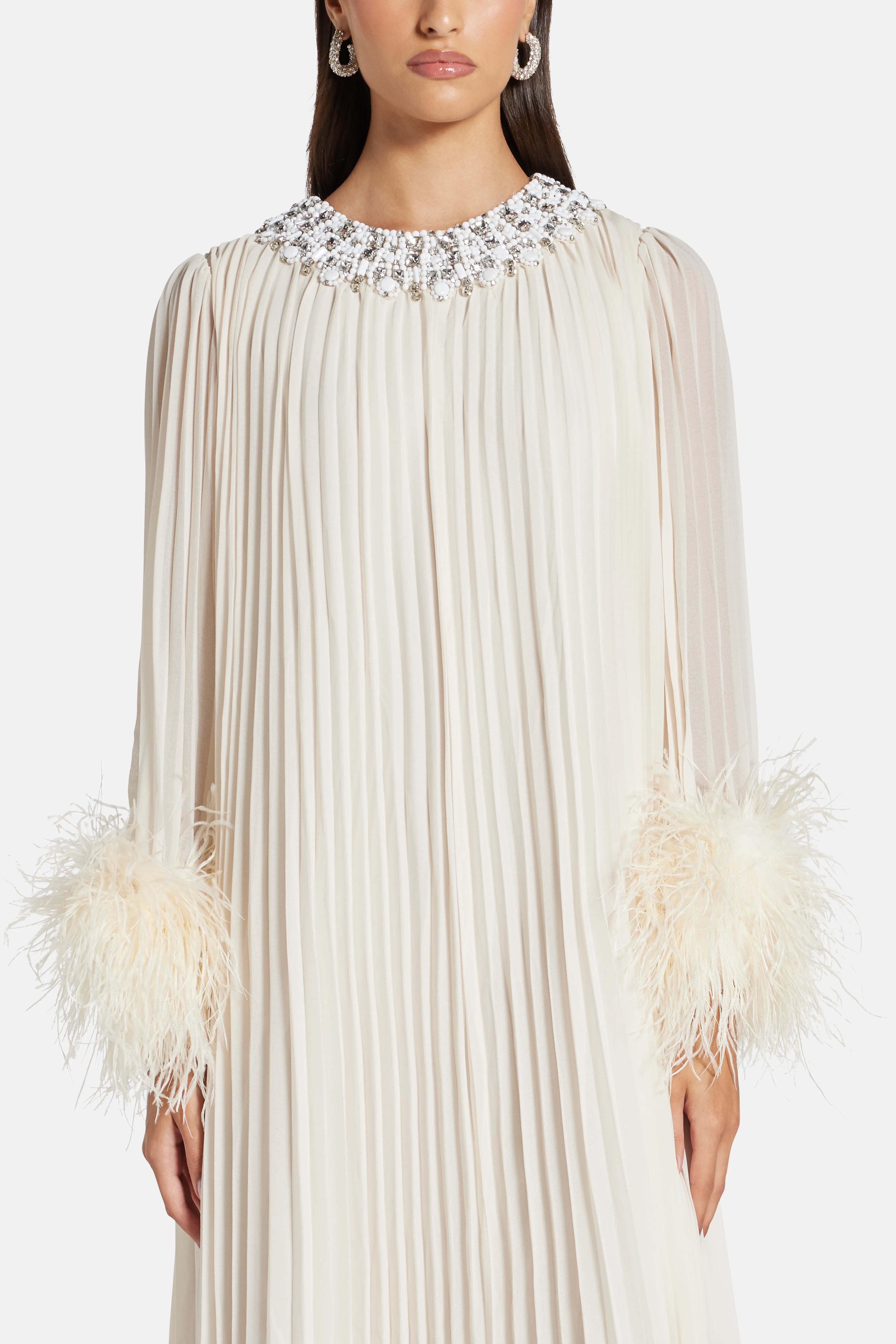 Chiffon Feather Evening Dress in Cream