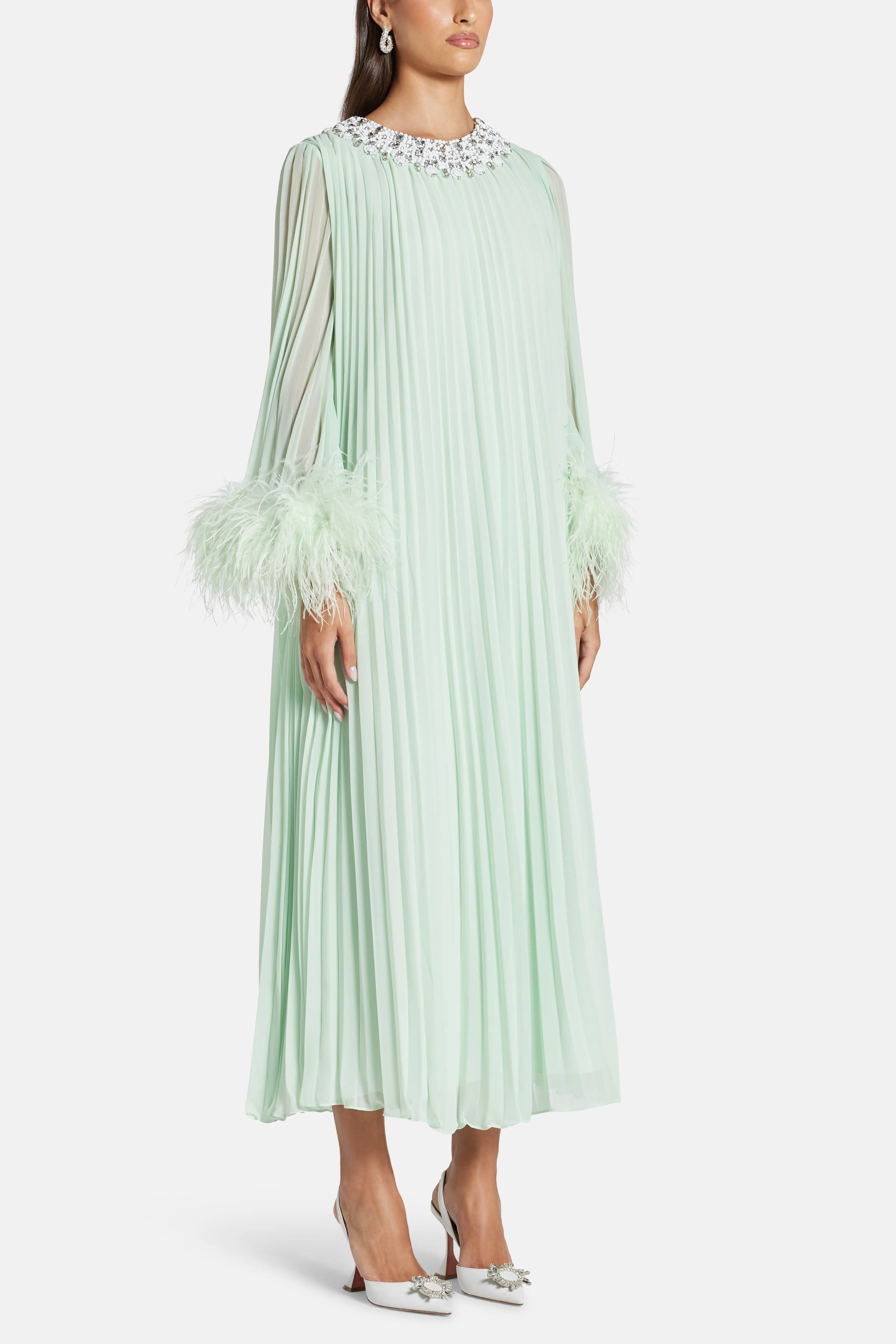 Chiffon Feather Evening Dress in Green