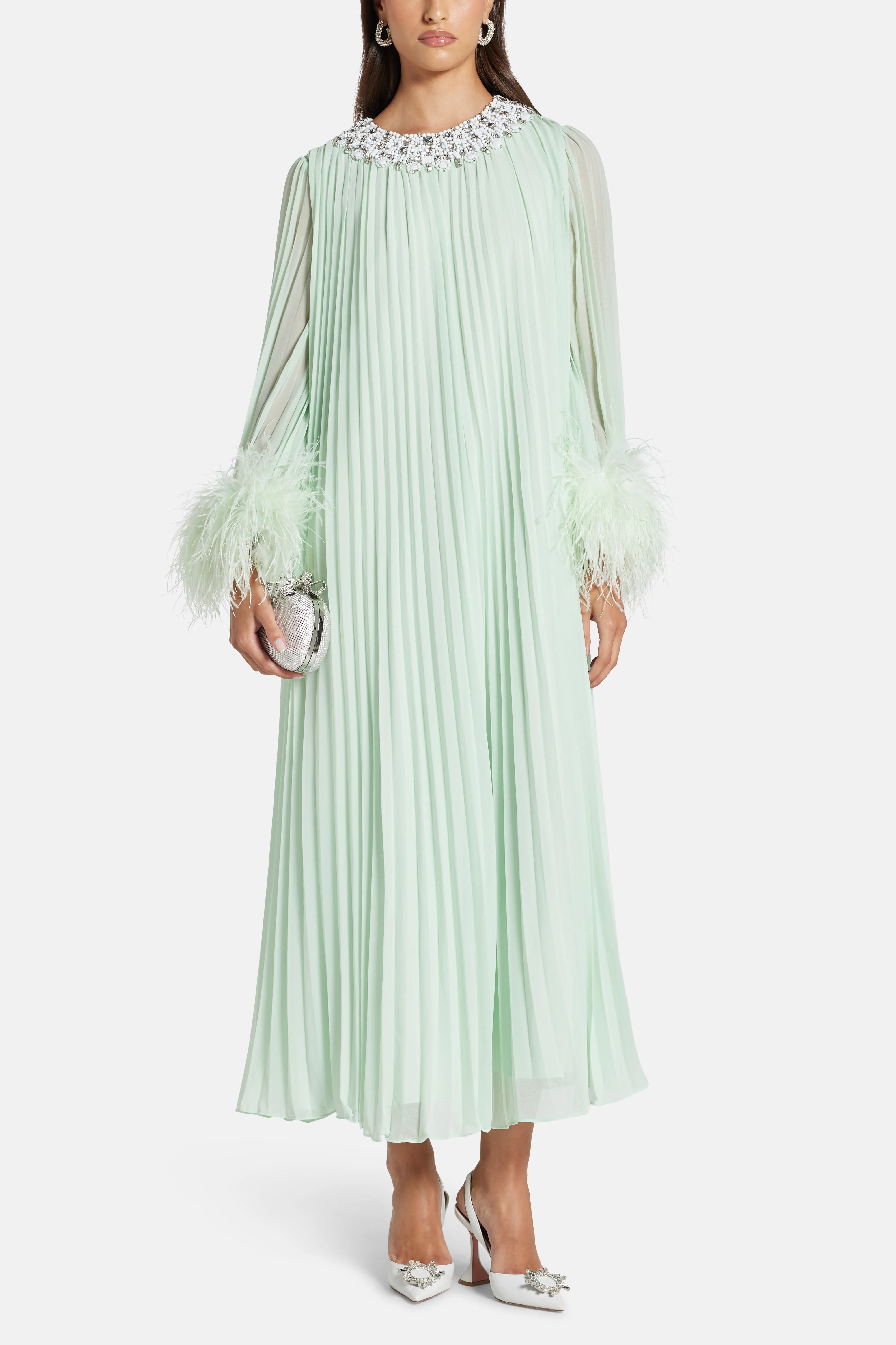 Chiffon Feather Evening Dress in Green