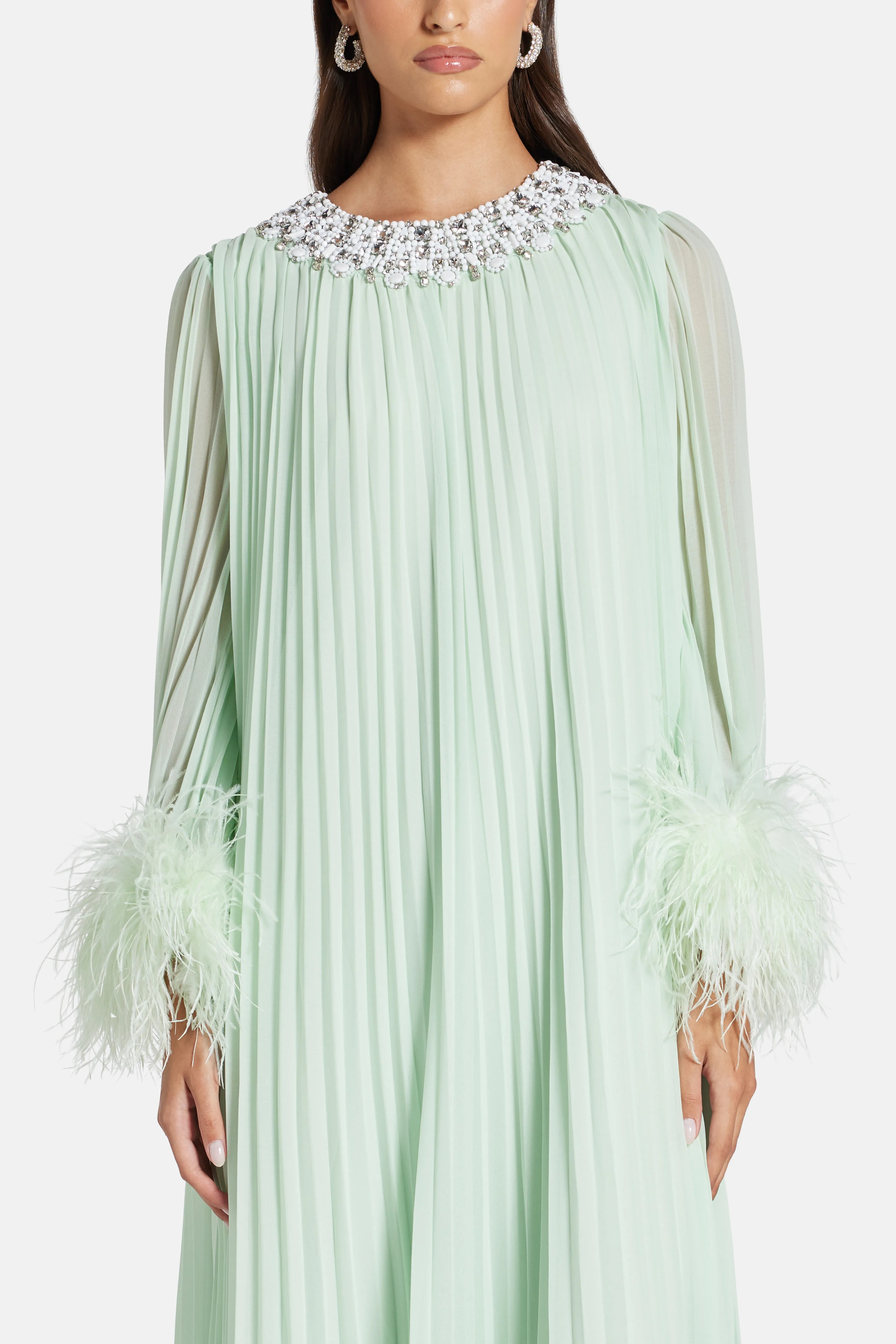 Chiffon Feather Evening Dress in Green