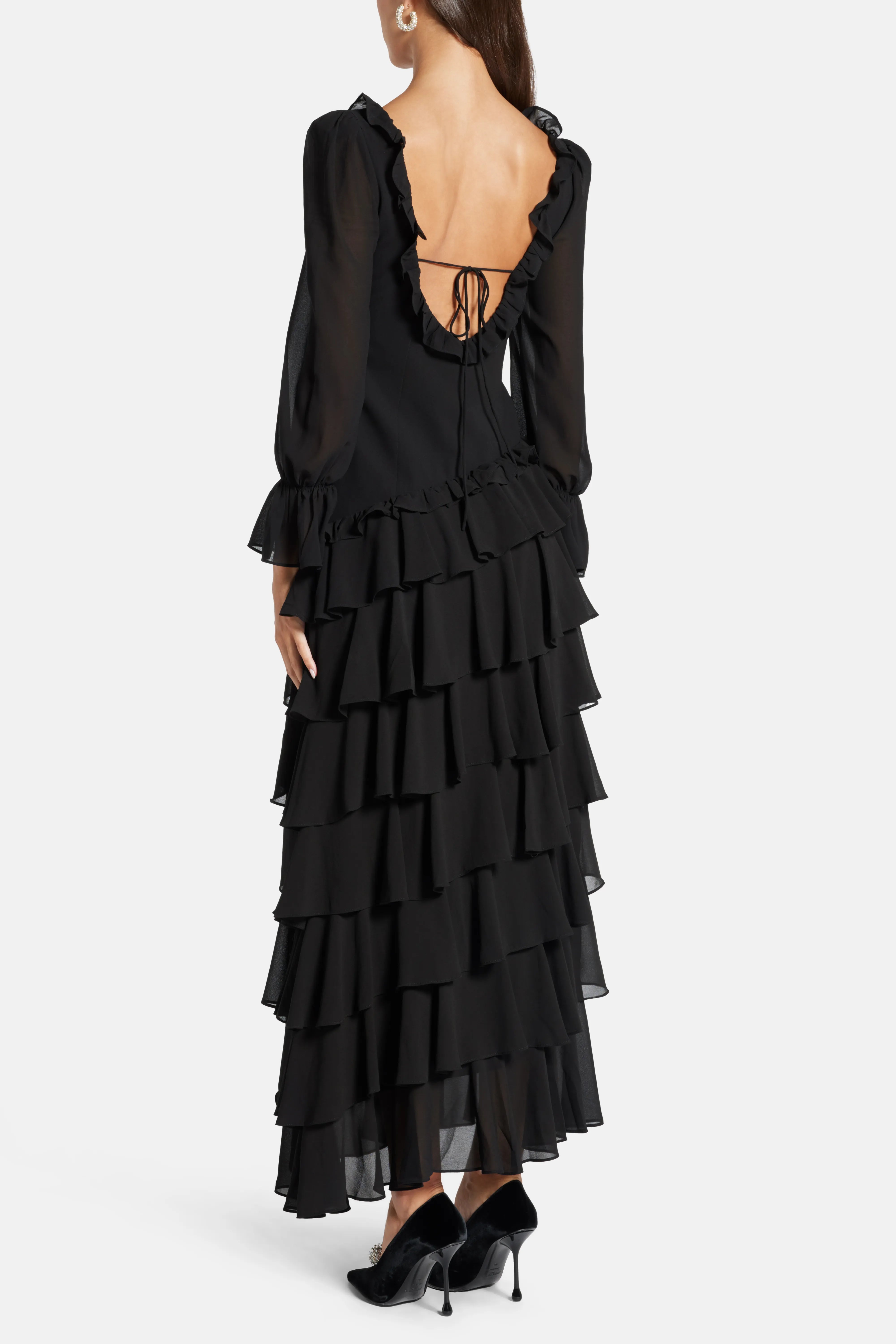 Ruffle Tiered Low Back Maxi Dress in Black