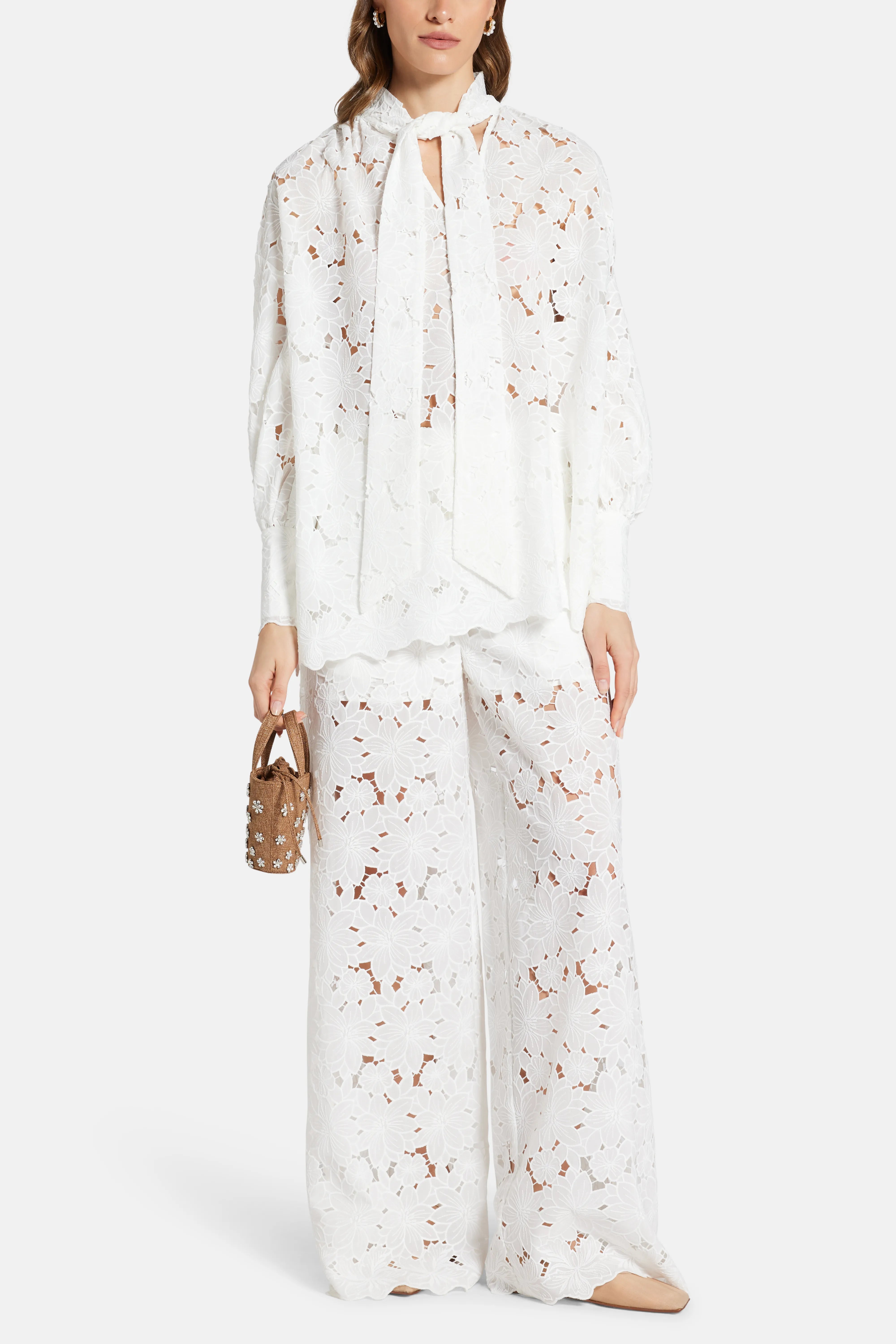 Raya Lace Cotton Wide Legged Pants in White