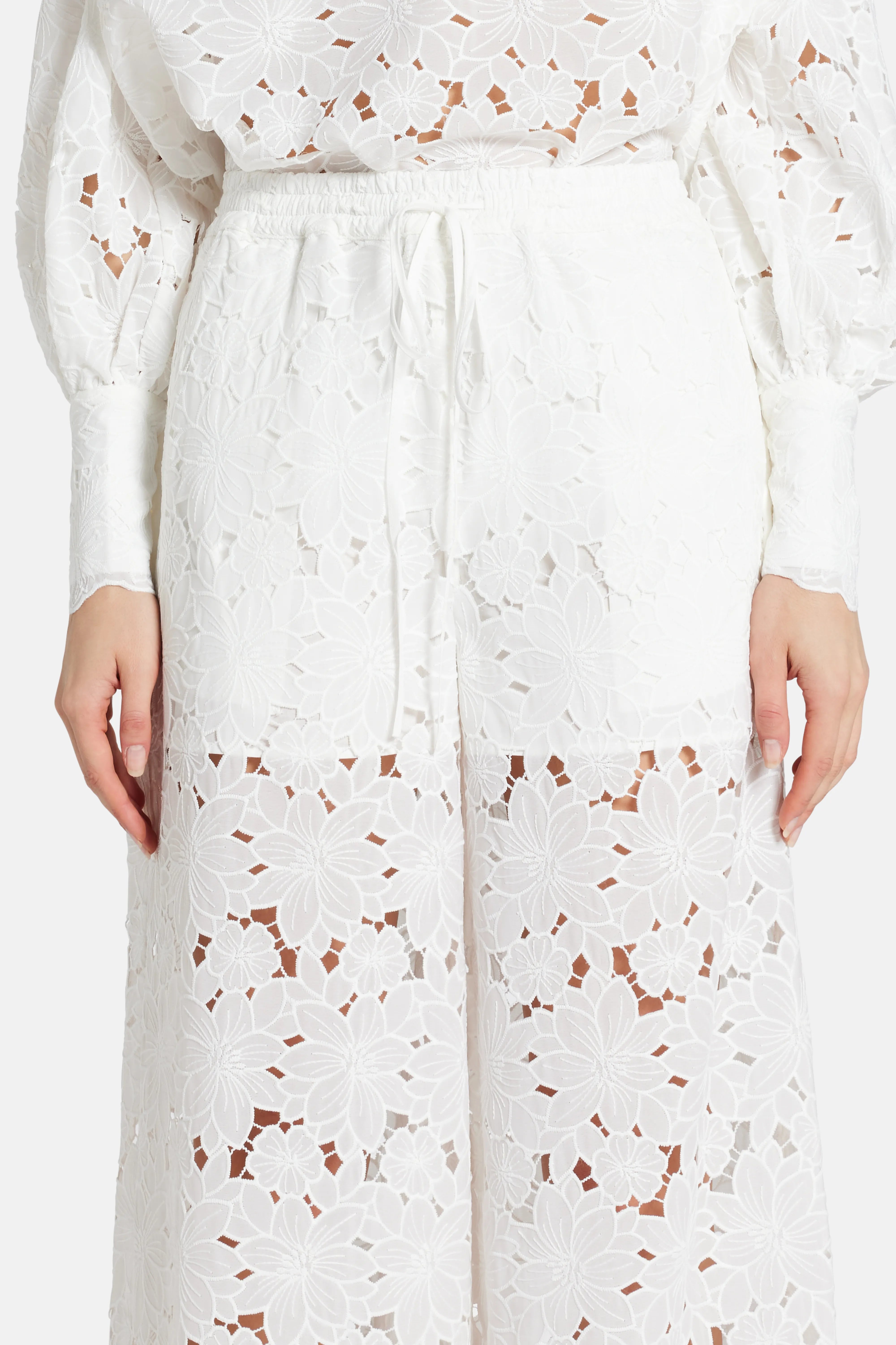 Raya Lace Cotton Wide Legged Pants in White
